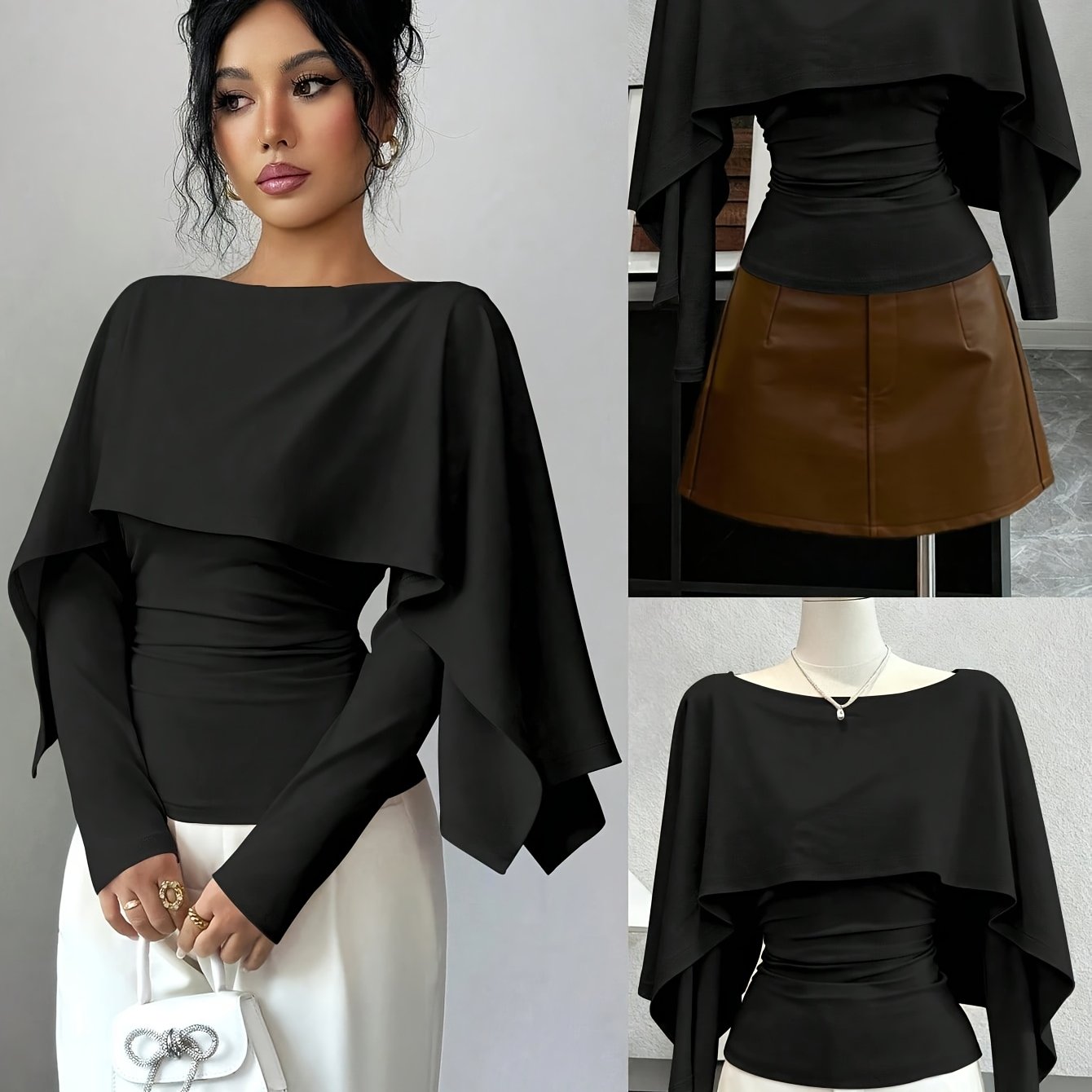 TEMU Long Sleeve Turtleneck Top For Women, Cape Design, Autumn Fashion