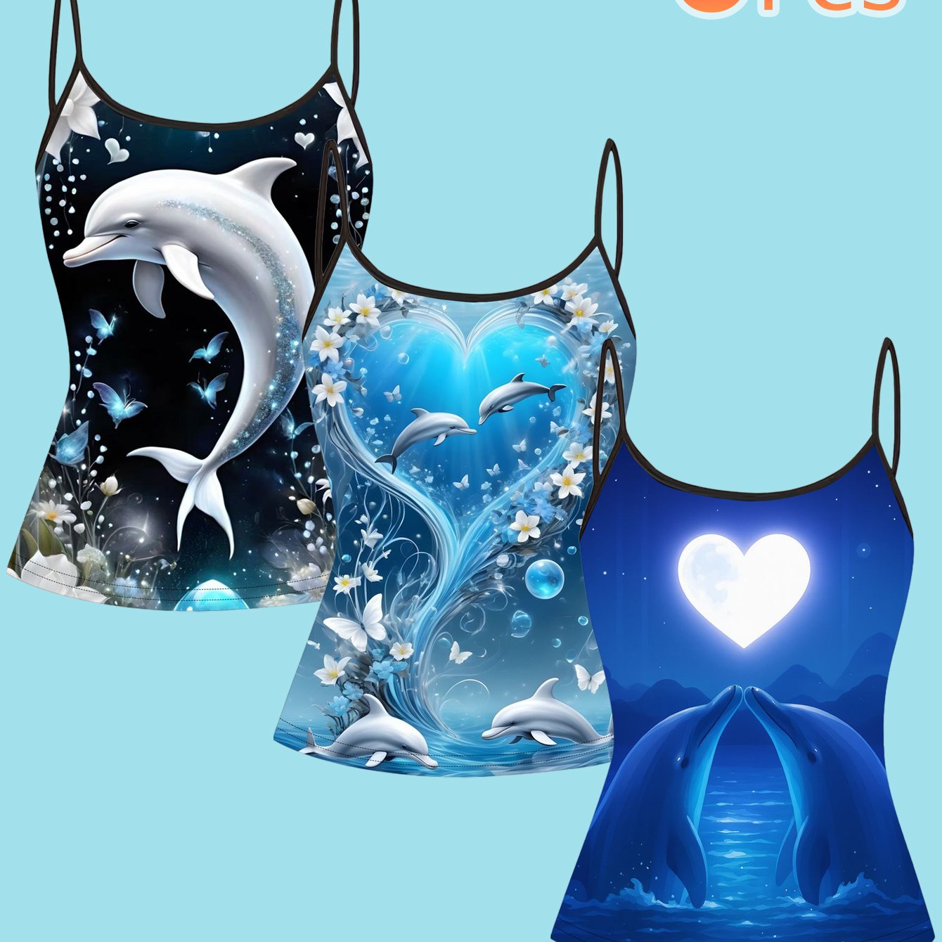 TEMU 3pcs Set Ocean Dolphin Print Women' Strap Vacation Casual Top
