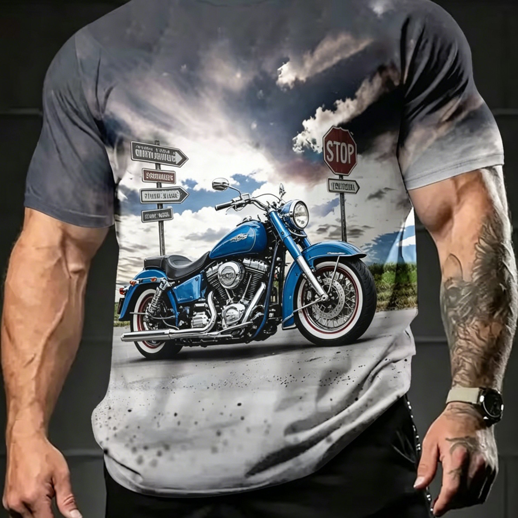 TEMU [printed Design - Not Textured] Vintage Blue Motorcycle Print Plus Size Men's Short Sleeve T-shirt, Extra Loose Fit, Crew Neck Casual Summer ,