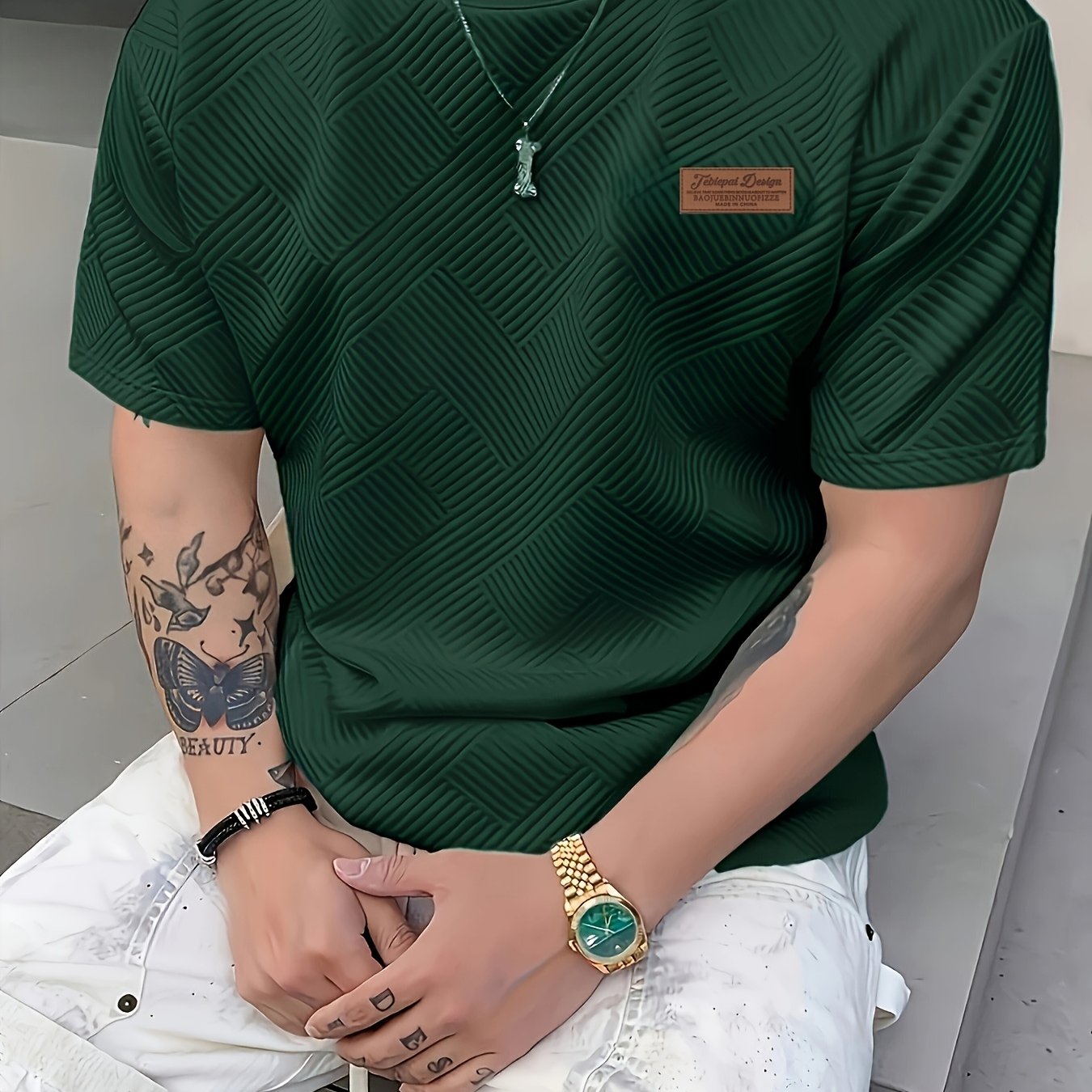 TEMU 남성용 여름 패션 캐주얼 크루넥 티셔츠, 텍스처 자카드 원단 반팔, 데일리웨어 및 외출용으로 활용도 높은 편안하고 통기성 좋은 남성용 여름 의류, 남편을 위한 선물
