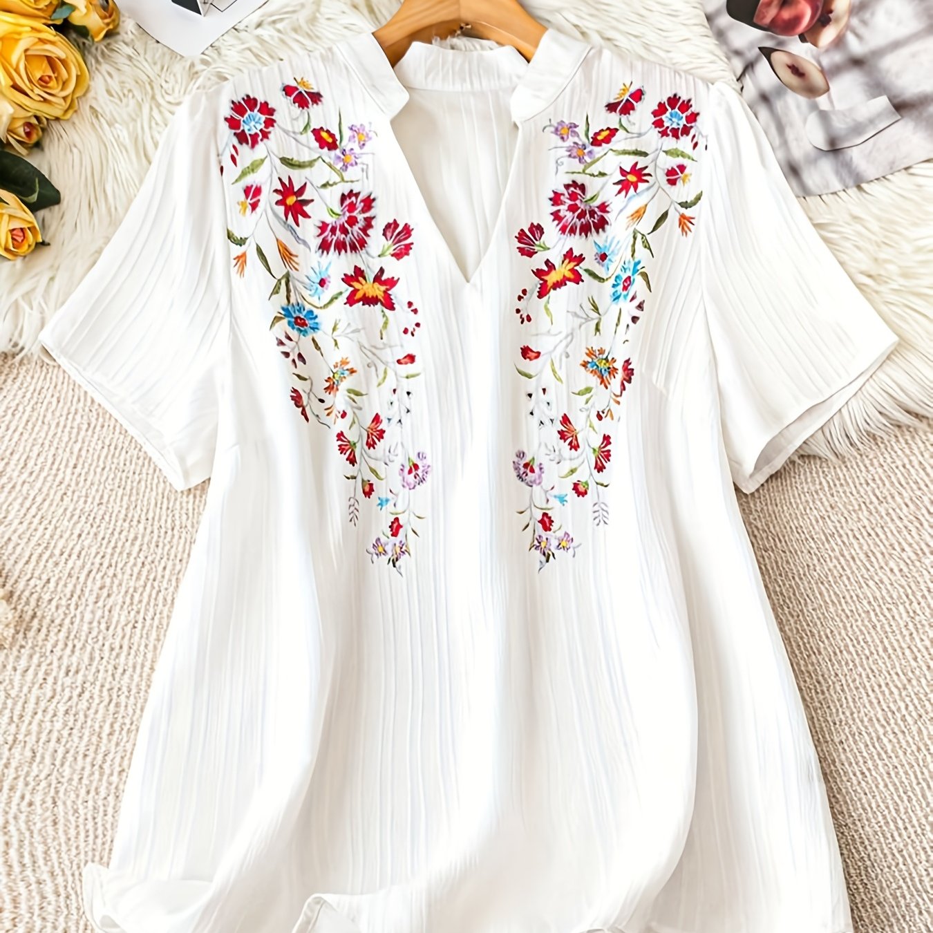E-shop Neues lässiges Sommer-Shirt-Top mit V-Ausschnitt, modischem Aufdruck kurzen Ärmeln in Weiß
