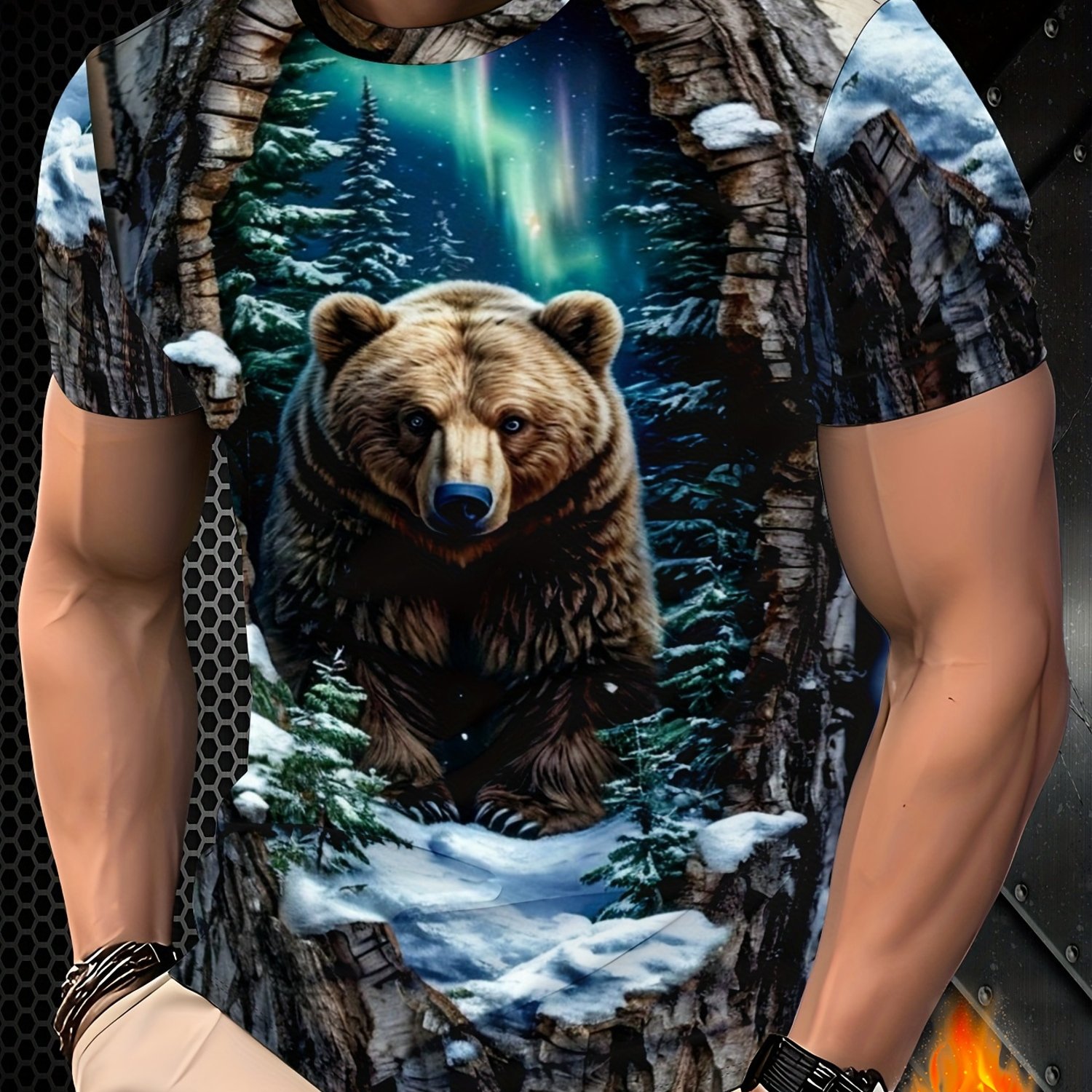 TEMU 1pc Printed Design – Not Textured Men's Bear & Northern Lights Graphic T-shirt - Breathable Polyester Short Sleeve Round Neck Summer Casual Top