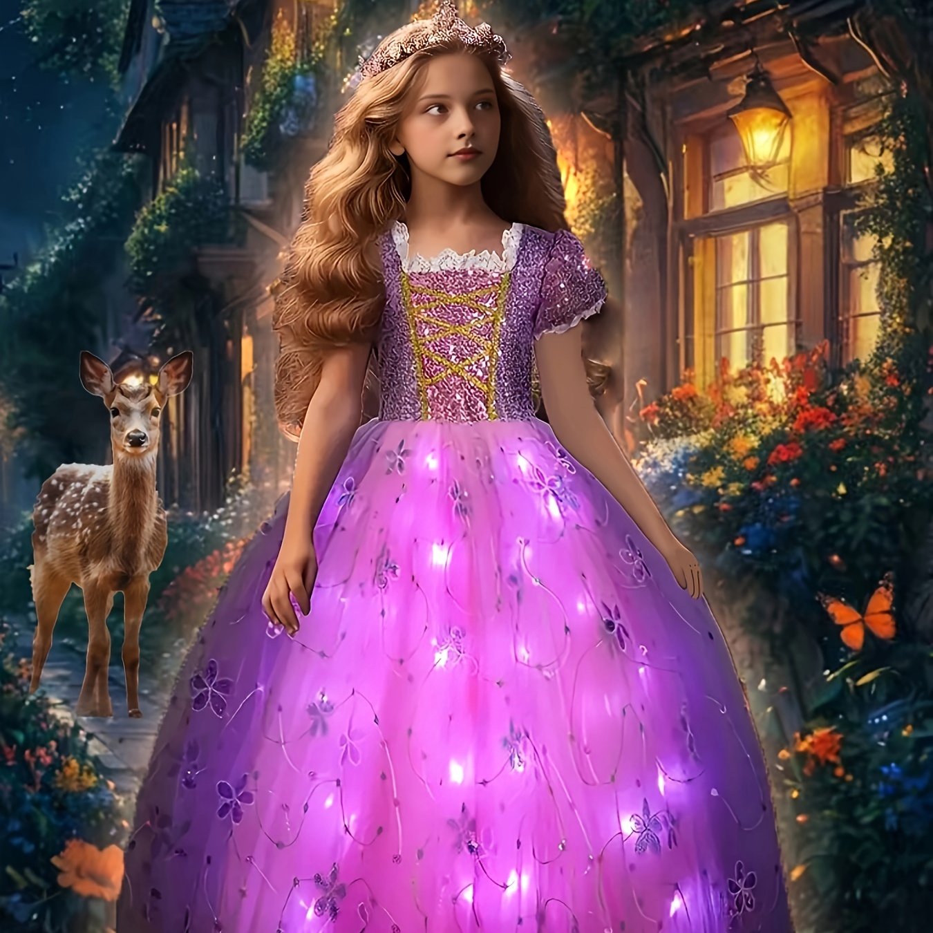 TEMU Girls' Led Light-up Princess Costume Dress With Sparkle Skirt - Soft Fabric, Safe For Skin - Ideal For Halloween, Christmas, Birthday Parties &