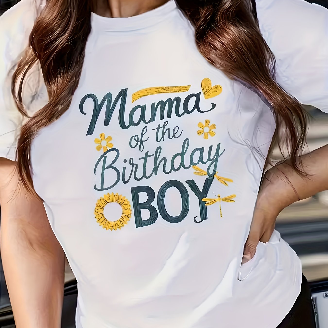 TEMU Women's Birthday Mom & T-shirt - Short Sleeve Round Neck Blouse With Sunflower Balloon Appliqué & "birthday Mom" Lettering, Spring Summer Party