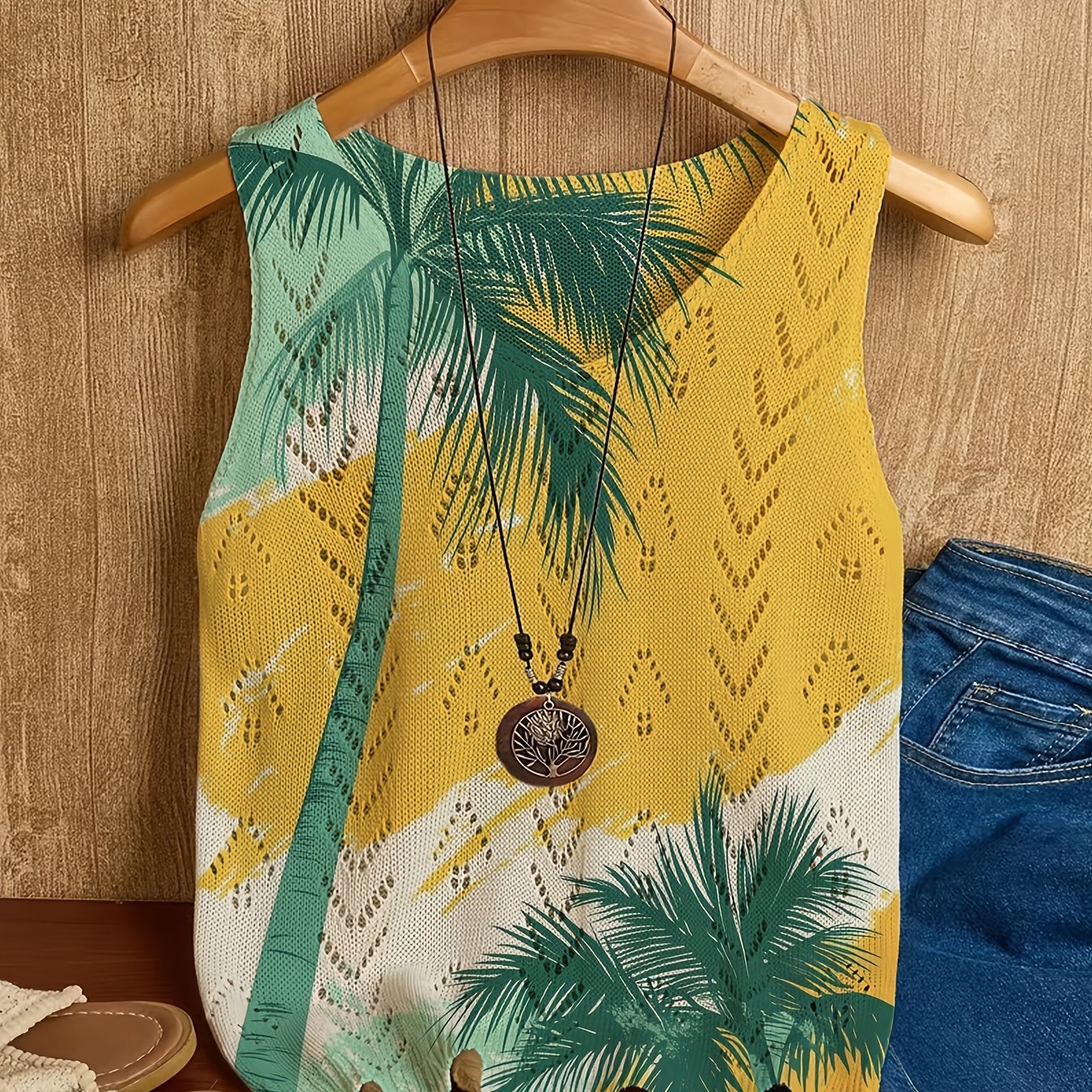 TEMU [2d Digital Printing] Summer Bohemian, Fashionable New Stylish Versatile Pullover Eyelet Vest, Women's Top With Flat Pattern, Full-piece Eyelet