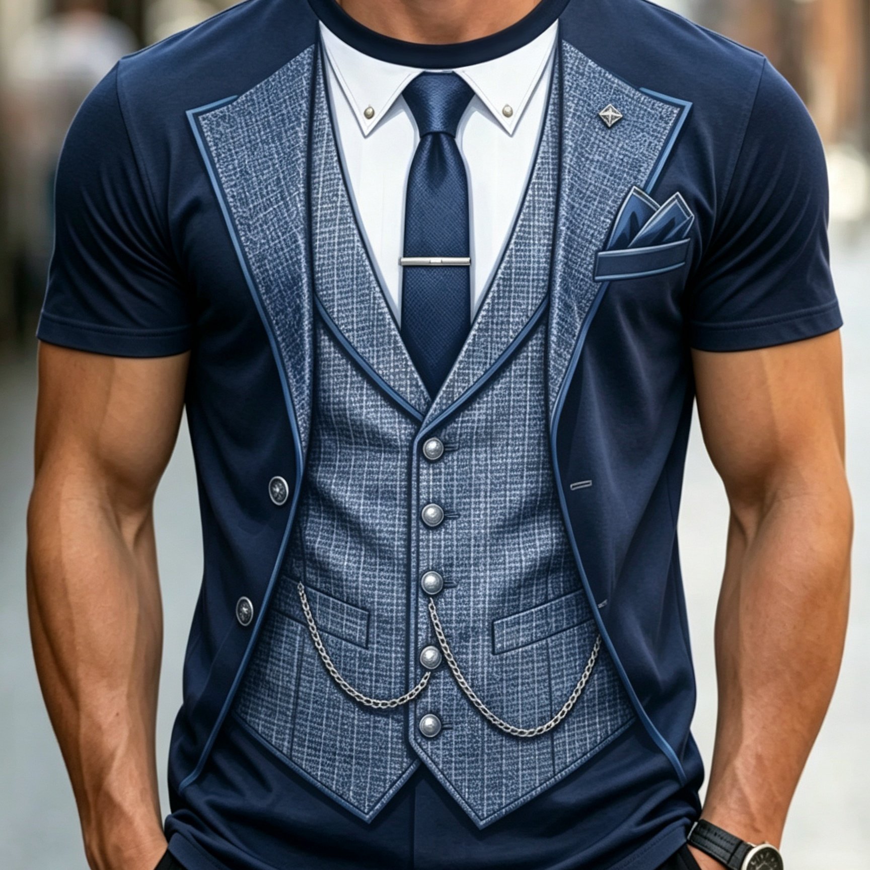 TEMU Men's Tweed Gentleman Suit 2-in-1 Look Short Sleeve Business Workplace Simple Trendy Crew Neck Top, Printed Design - Non-textured