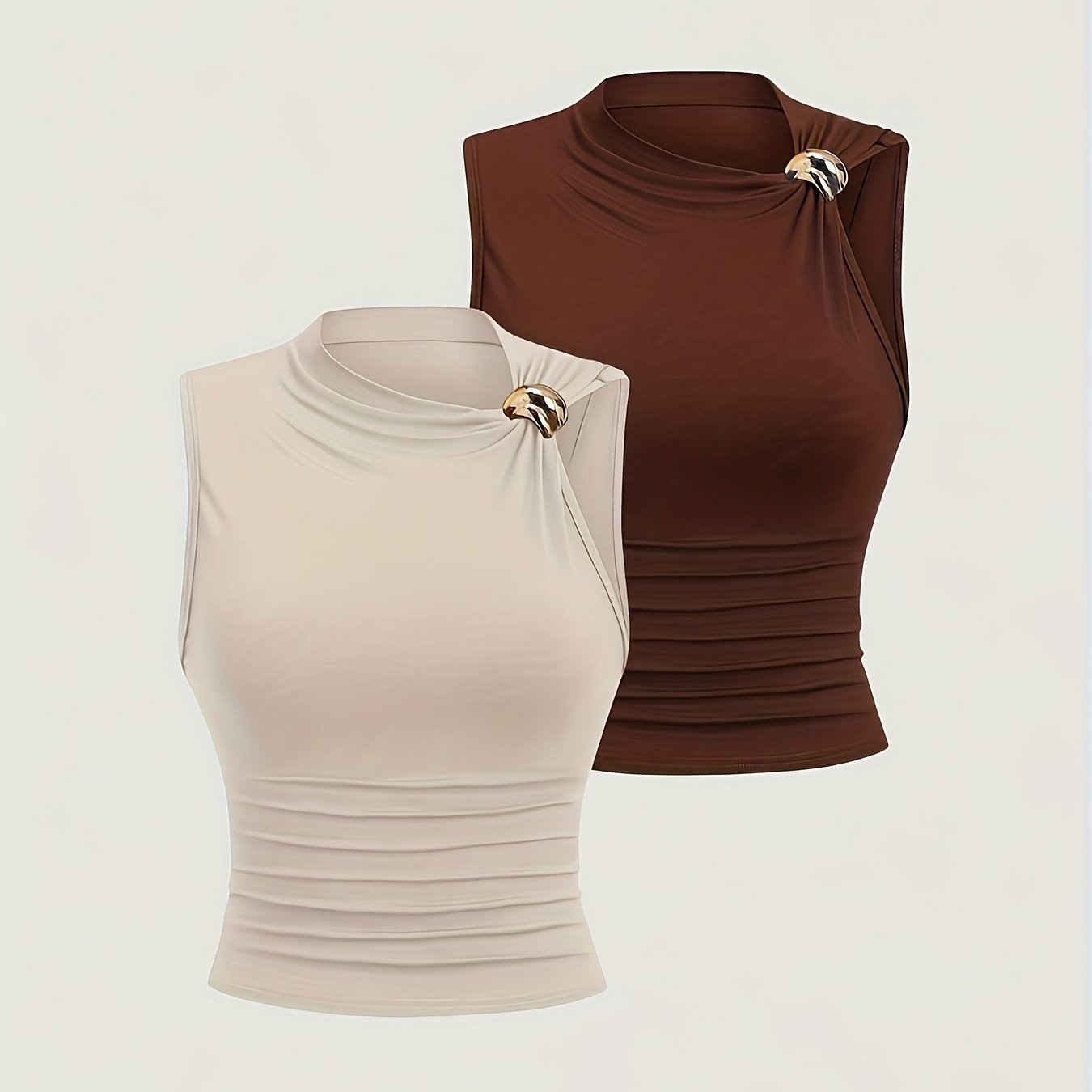 E-shop 2er-Pack Damen Slim-Fit Plissee Blusen | Rundhalsausschnitt, Unifarben, Ideal für Frühling/Sommer