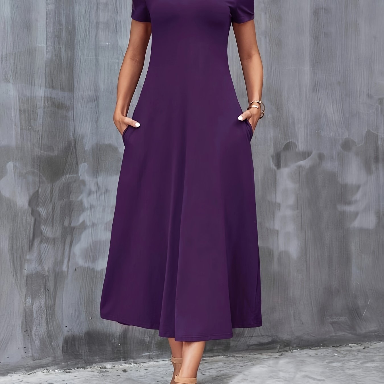 E-shop Damens Casual V-Ausschnitt Kurzarm A-Linien Kleid mit - Einfarbig, Mittlere Dehnbarkeit, Maschinenwaschbar, Ganzjährig Vielseit für &