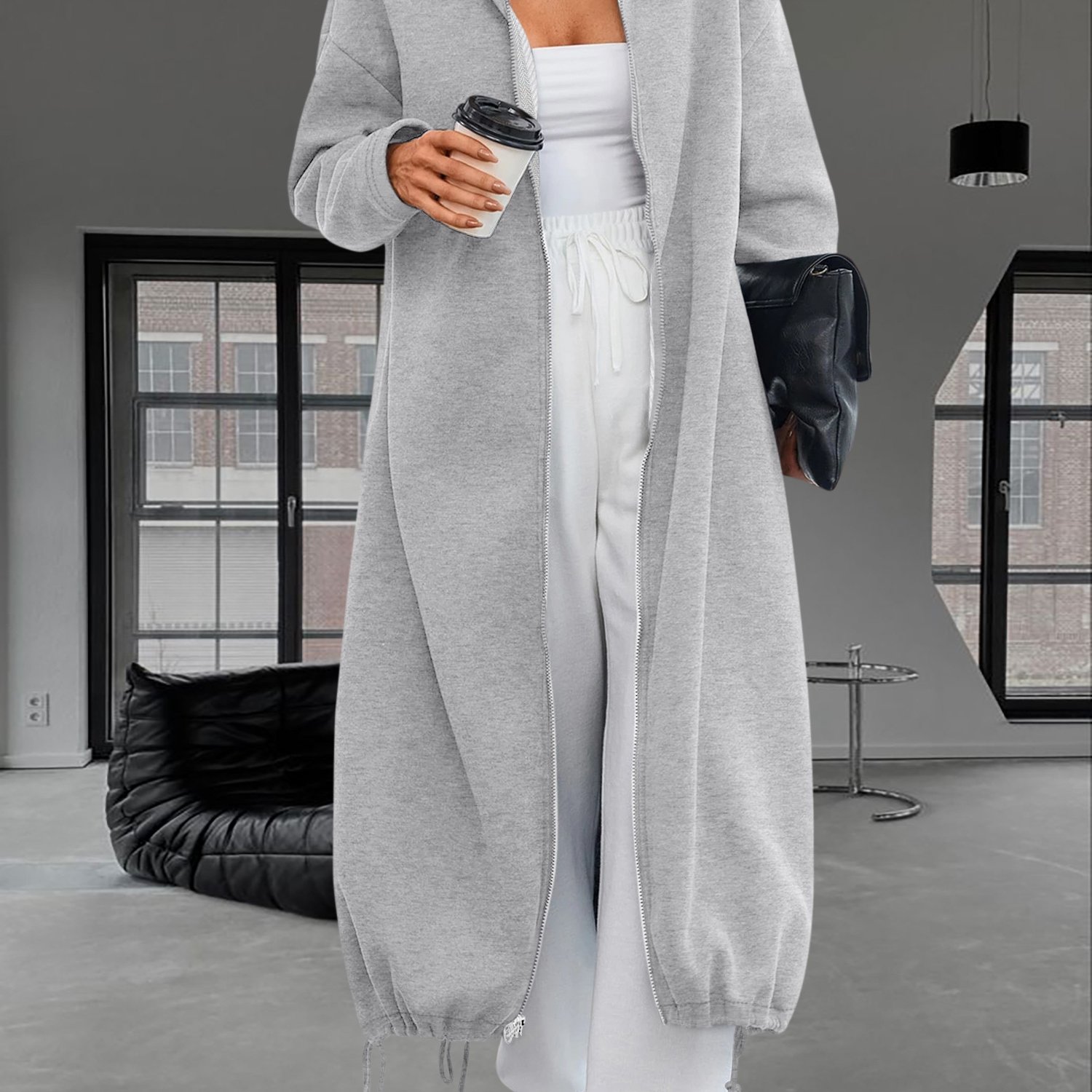 TEMU Women's Autumn Winter Casual High-elastic Threaded Hooded Long Coat, Crew Neck And Hooded Neat Look, Wearable For Work, Shopping And More