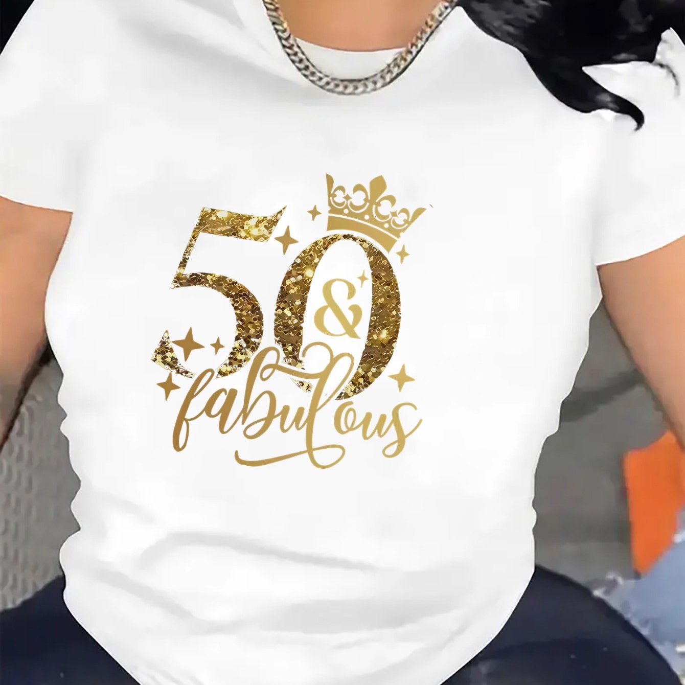 TEMU Fabulous Birthday T-shirt For Women, Short Sleeve Polyester Tee With Glitter , Perfect For Party Celebration, Lightweight And Durable, For Home