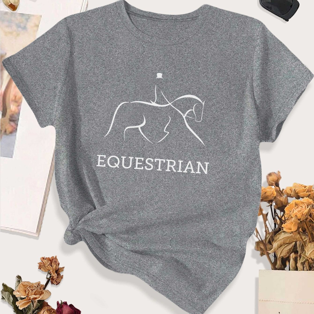 TEMU Women's Large Size Equestrian T-shirt - Horse Riding & Stable Workwear, Round Neck Casual Top With Equestrian-themed Design, Fit, Machine
