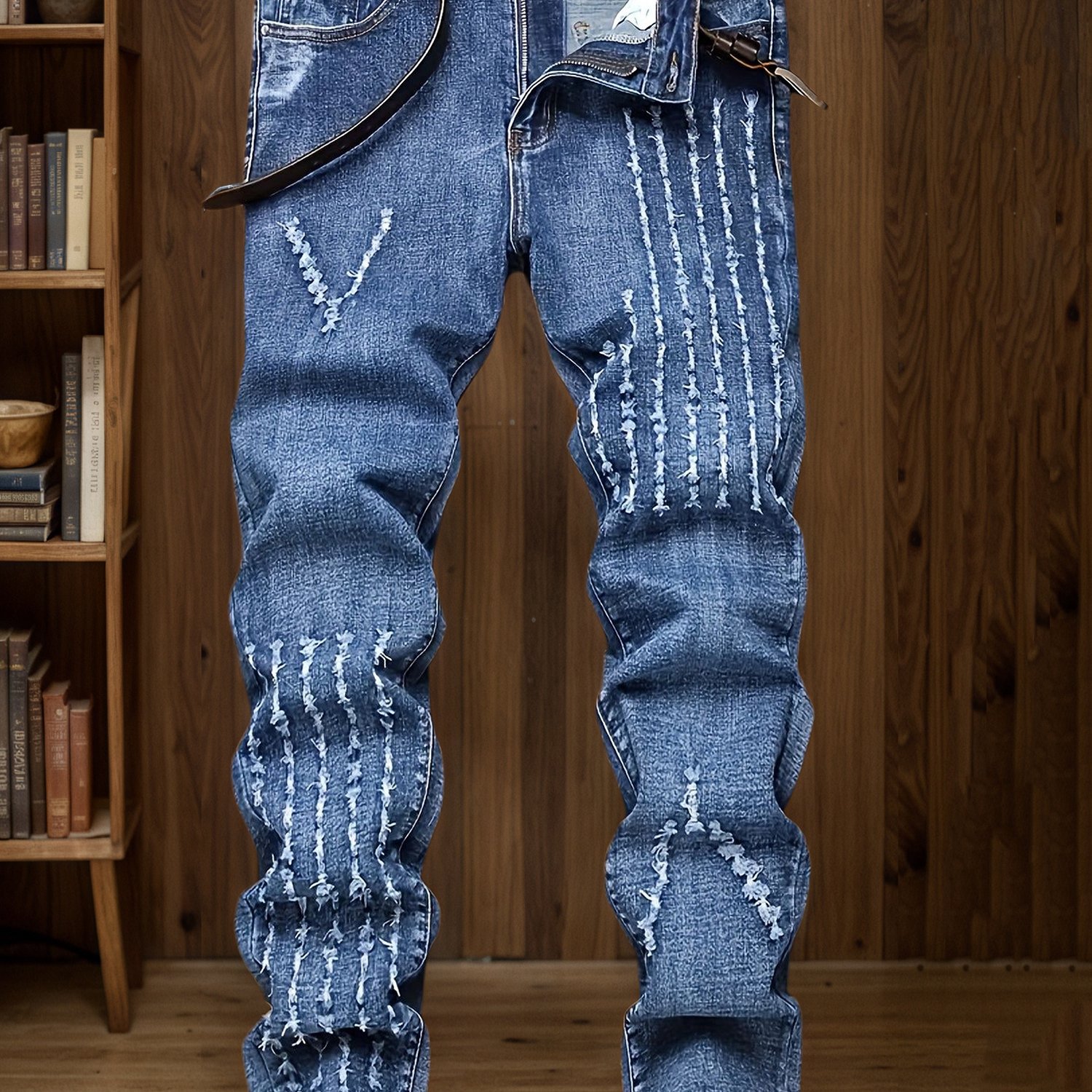 TEMU Men's Jeans- Mid- Rise, Stretch Blend, Style, Ripped Details, Comfortable And Versatile, Suitable Casual Outfits, Fashionable Long Pantsslim Fit