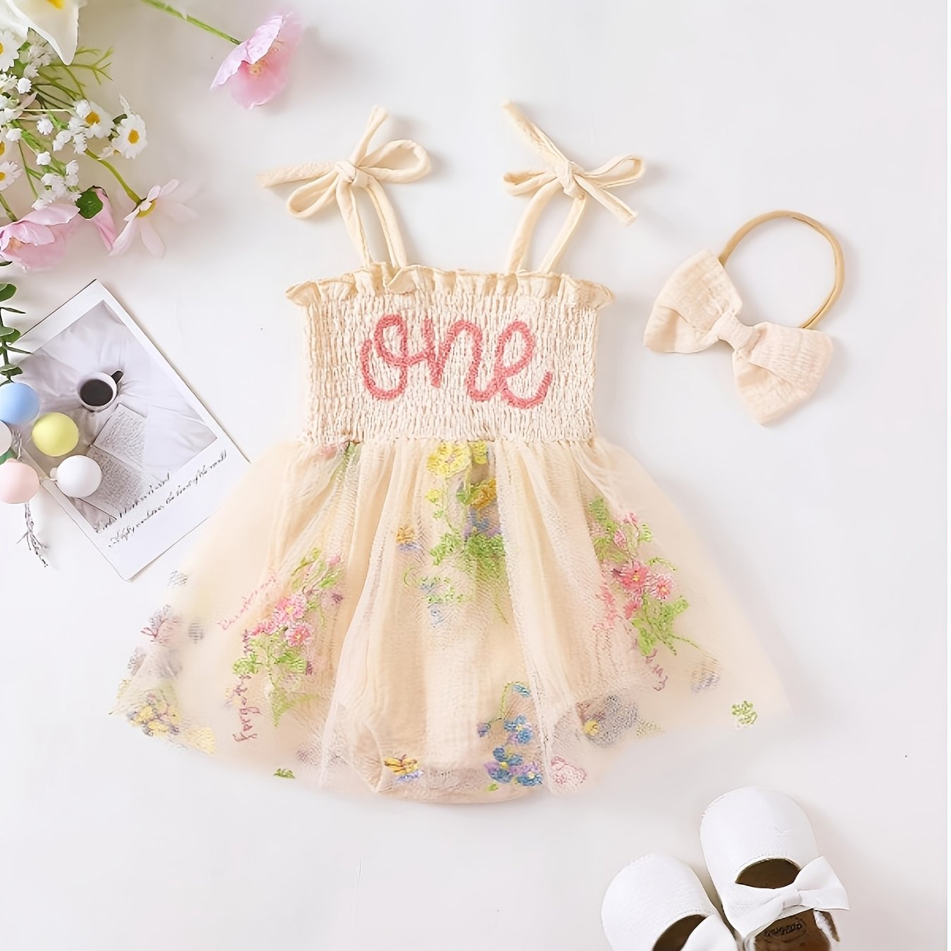 Image of Baby Girl Summer Halter Sleeveless Triangle Bodysuit Romper Mesh Dress Chest Towel Embroidery [one] + Bow 2pcs Set, Perfect For Outdoor