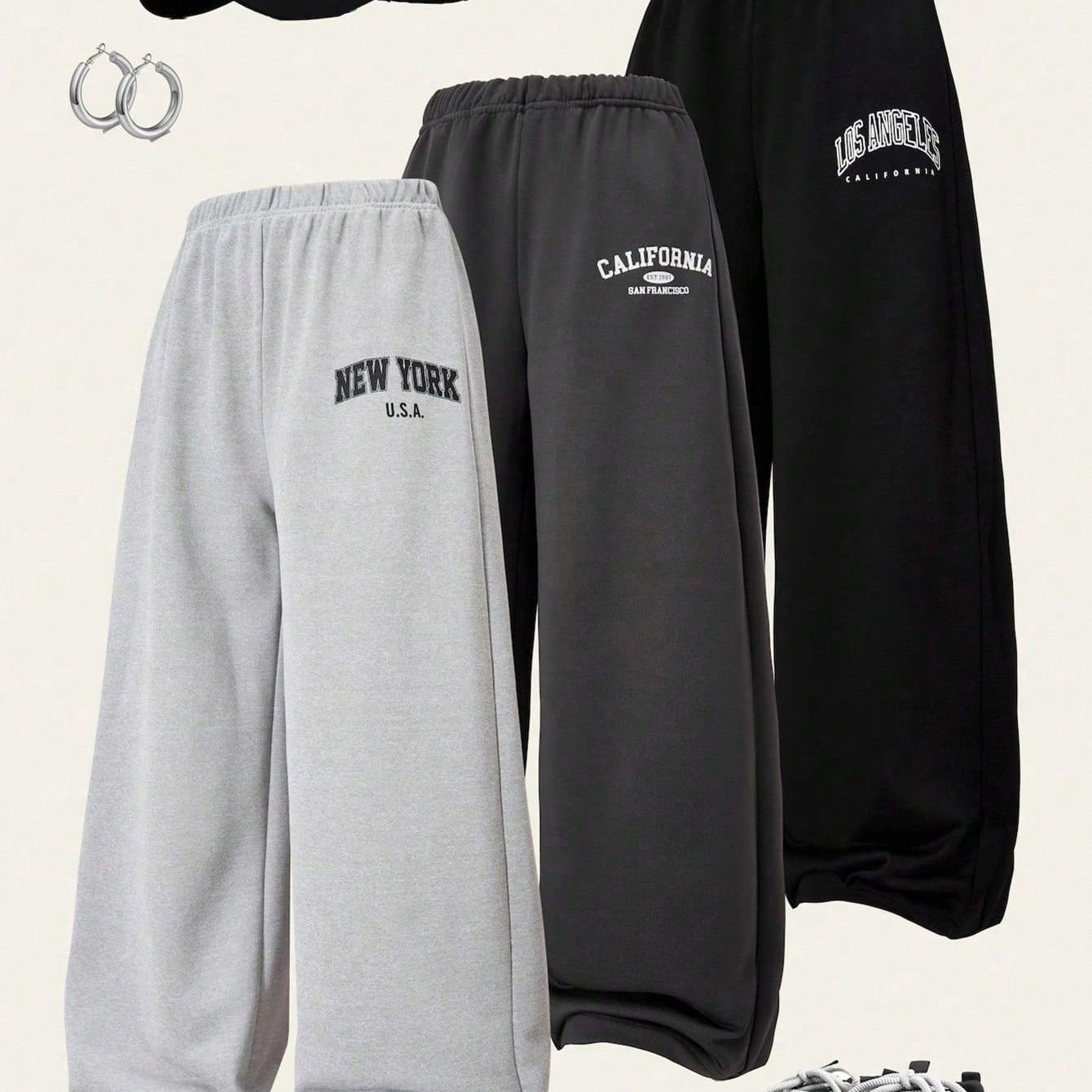 TEMU Set da 3 pezzi di pantaloni casual da a larga con stampa a lettere, nuovo stile /, pantaloni sportivi ampi i per ragazze pi羅 grandi, per