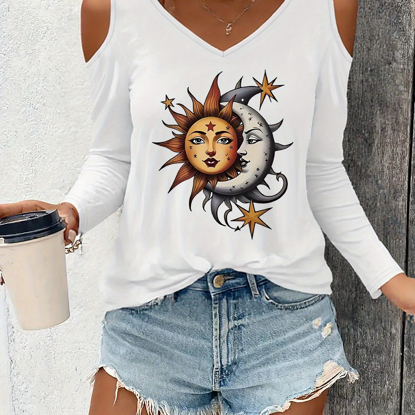 TEMU Graphic Print T-shirt, Long Sleeve V Neck Casual Top For Spring & Fall, Women's Clothing