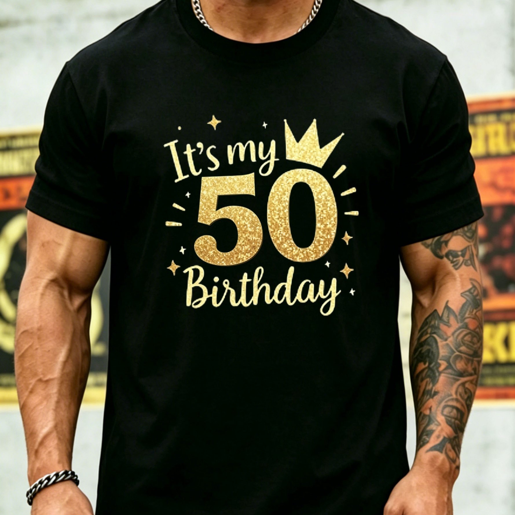 TEMU 2026 Summer European And Shimmering Golden Glitter Crown 50th Birthday Printed Men's Short-sleeve T-shirt, Polyester Fiber, Breathable,