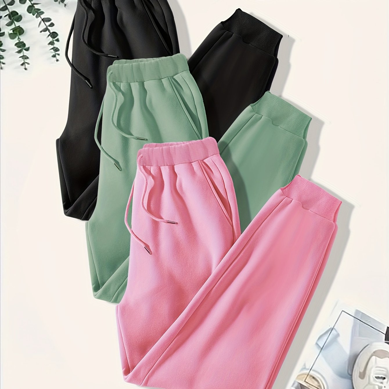 TEMU Set Of 3 Plus Size Athletic Pants, Featuring Women's High-waisted Joggers With Elastic Drawstrings And Pockets