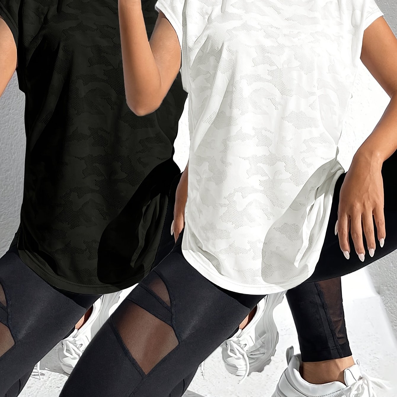 Image of 2pcs Casual Women's Yoga Athletic High-elastic Breathable Mesh Jacquard Loose Fashion Short Sleeve