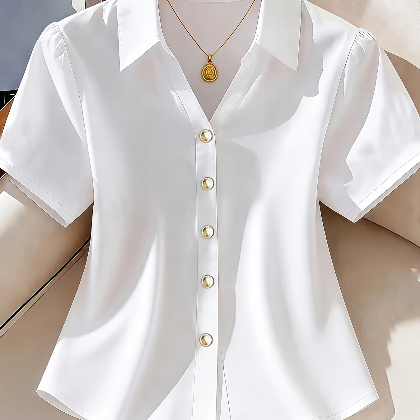 TEMU New Women's Top, Solid Color Short-sleeve Casual Shirt For Women, Elegant And Casual Women's Blouse, Suitable For Commuting, , And The Office
