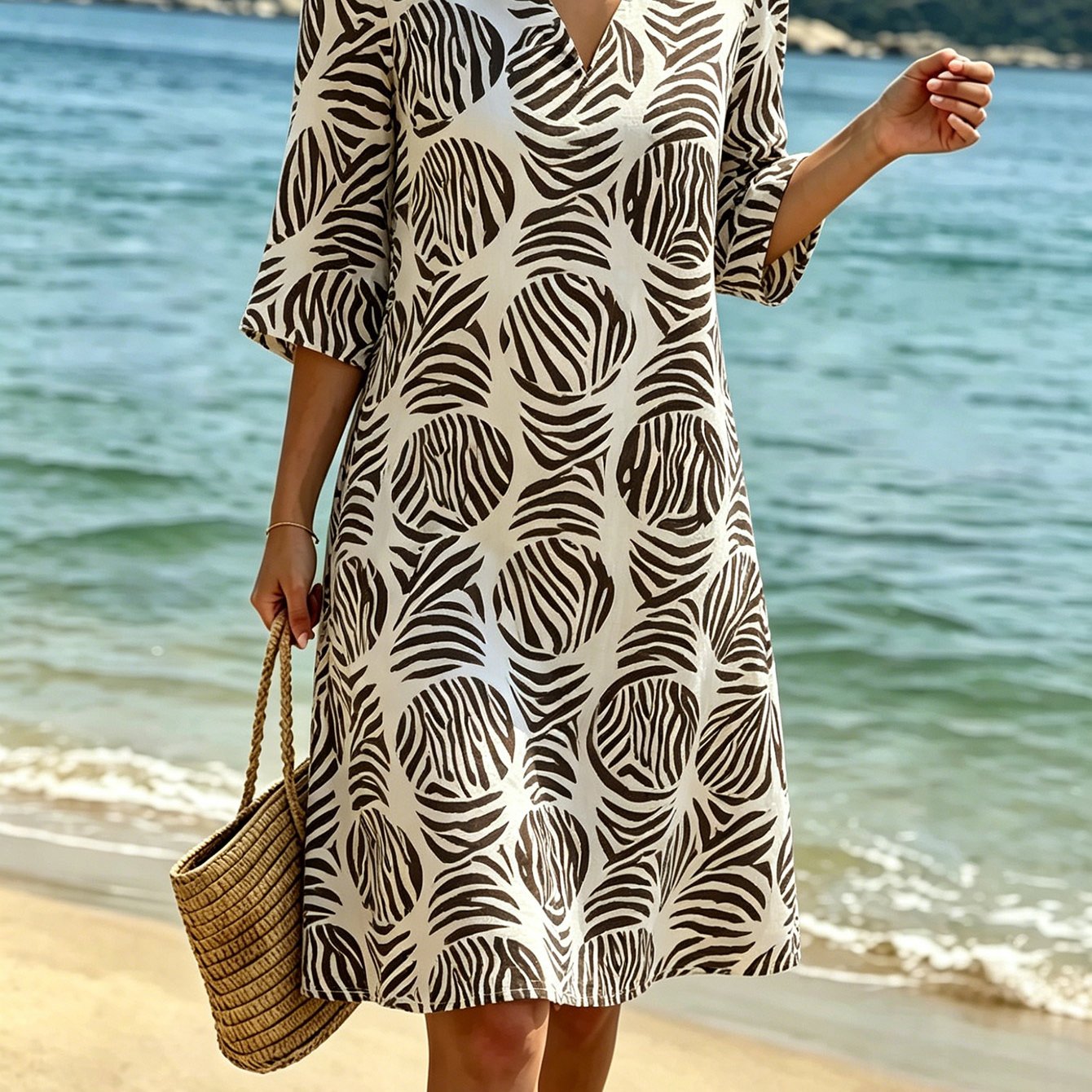 Women's Dress Style Loose V-neck 3/4 Sleeve Printed Dress European And Casual Figure-flattering Straight Dress Suitable For Beach Vacation Daily Women's Summer