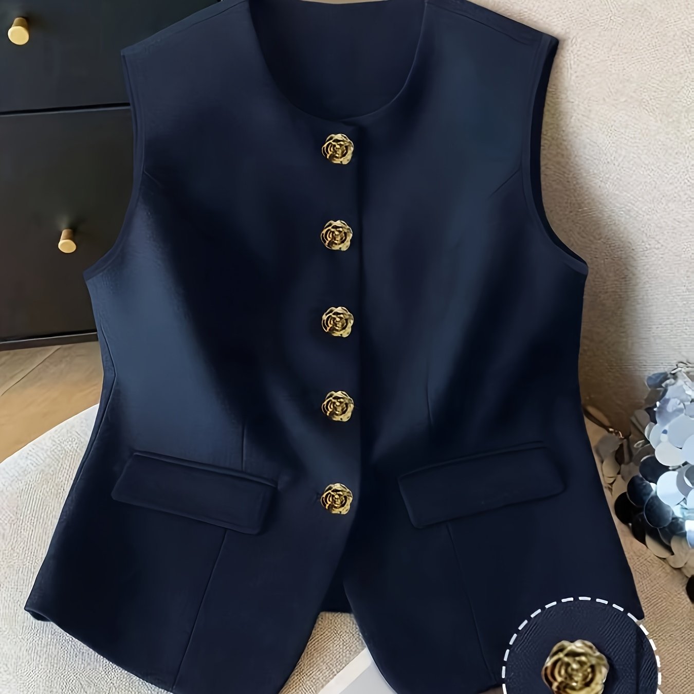 TEMU Women's Elegant Solid Color Spring And Summer Fashion Metal Single-breasted Vest Waistcoat Suitable For Office And Daily Wear