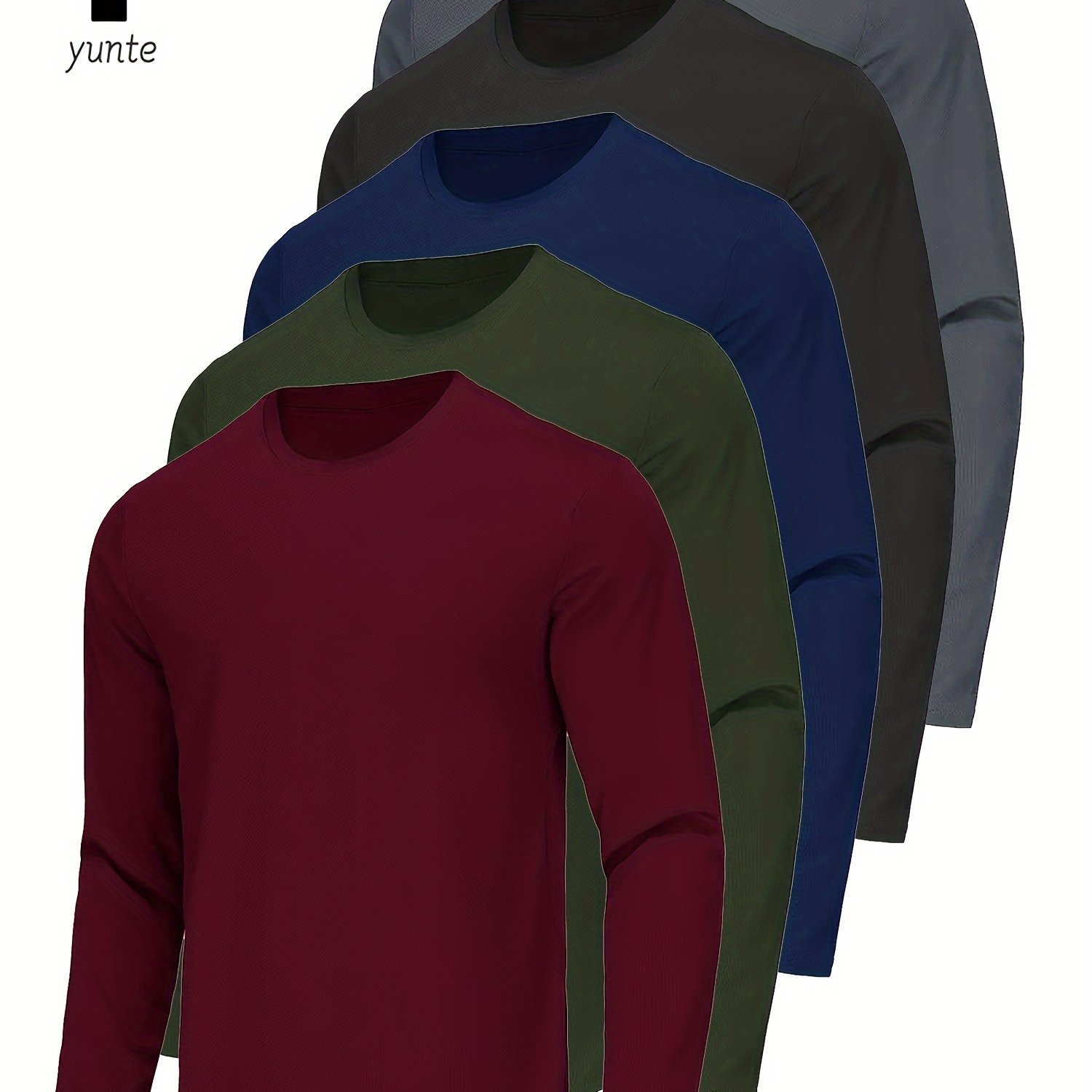 E-shop Herren Sportliche Langarmhemden mit Rundhalsausschnitt, Schnelltrocknend, Einfarbig, 5er-Set in Dunkelrot, Armee-Grün, Marineblau, Schwarz, Grau