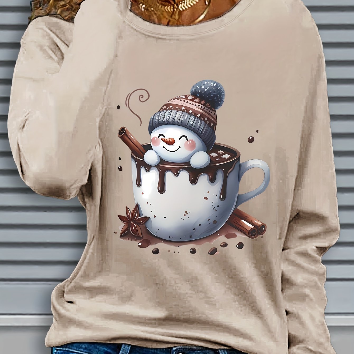 TEMU T-shirt à imprimé graphique de Noël, haut décontracté à manches longues et col rond pour et , vêtements pour femmes