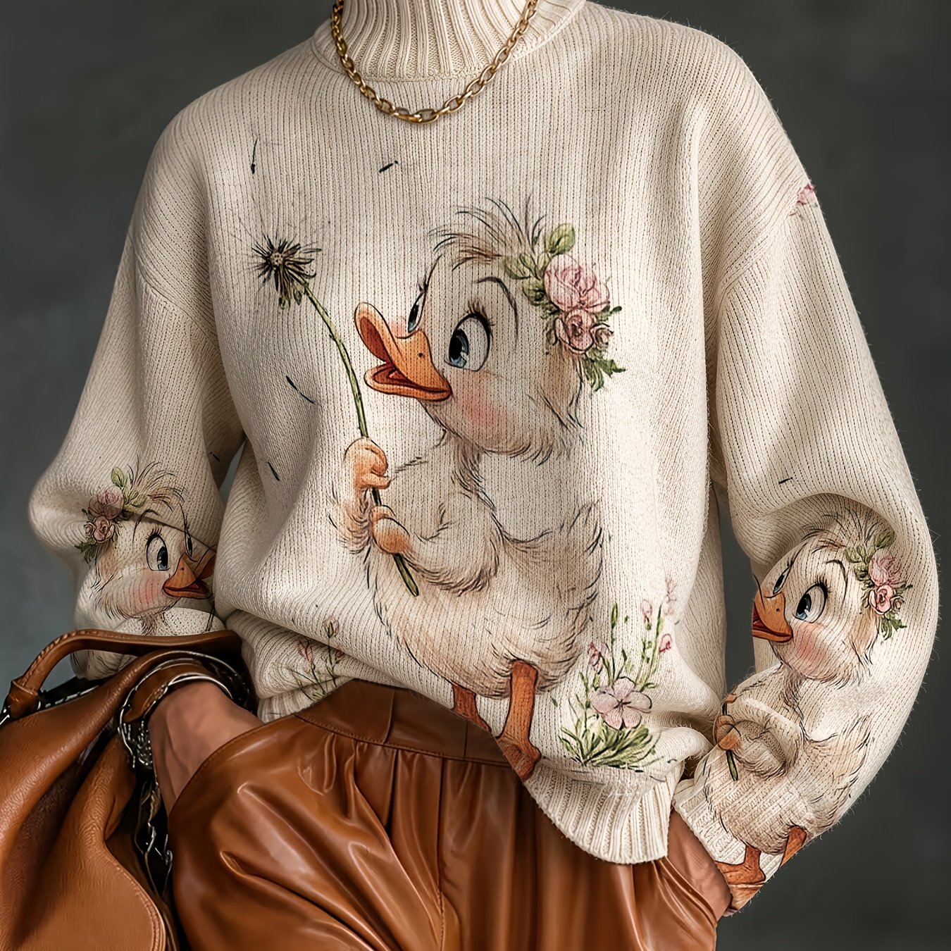 TEMU [2d Digital Printing] Pattern Women's Printed Pullover, Long Sleeve High Neck Sweater, Soft Material, Suitable For Autumn And Winter, New
