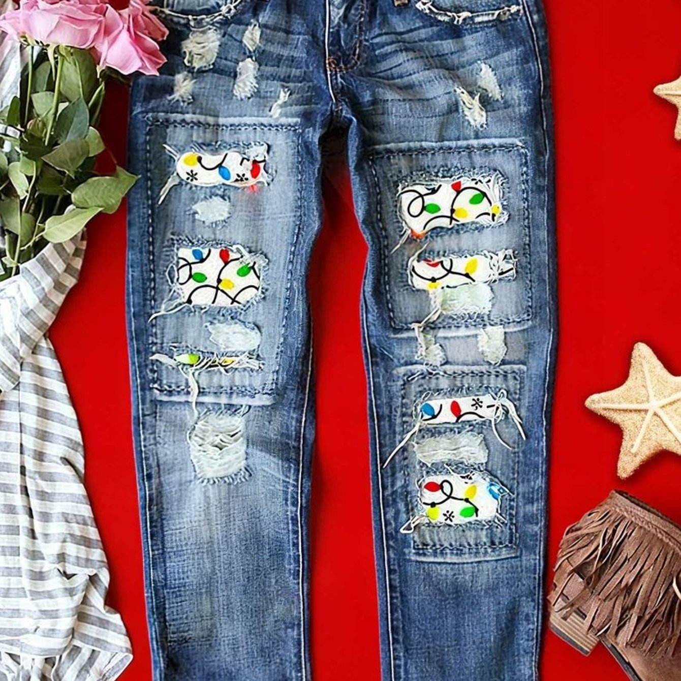 TEMU 2025 Women's Jeans Personality Street Hole Christmas Print Patch Straight Trousers, Lantern Print Retro Washed Hole Jeans