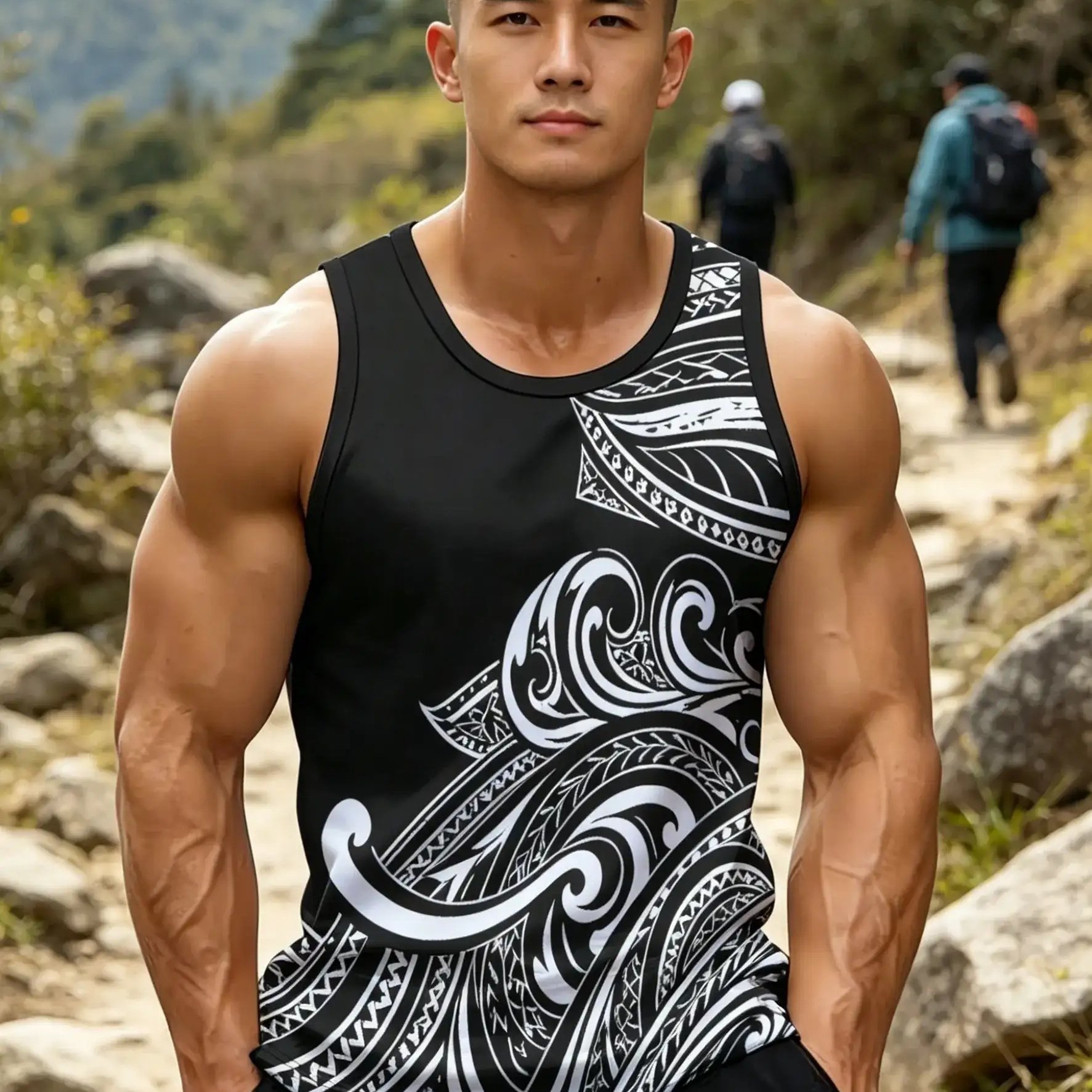 TEMU [printed Design – Not Textured] Men's Tribal Totem Print Crew Neck Tank Top, Polynesian Ocean Wave , Stretchy Slim Fit, Breathable And