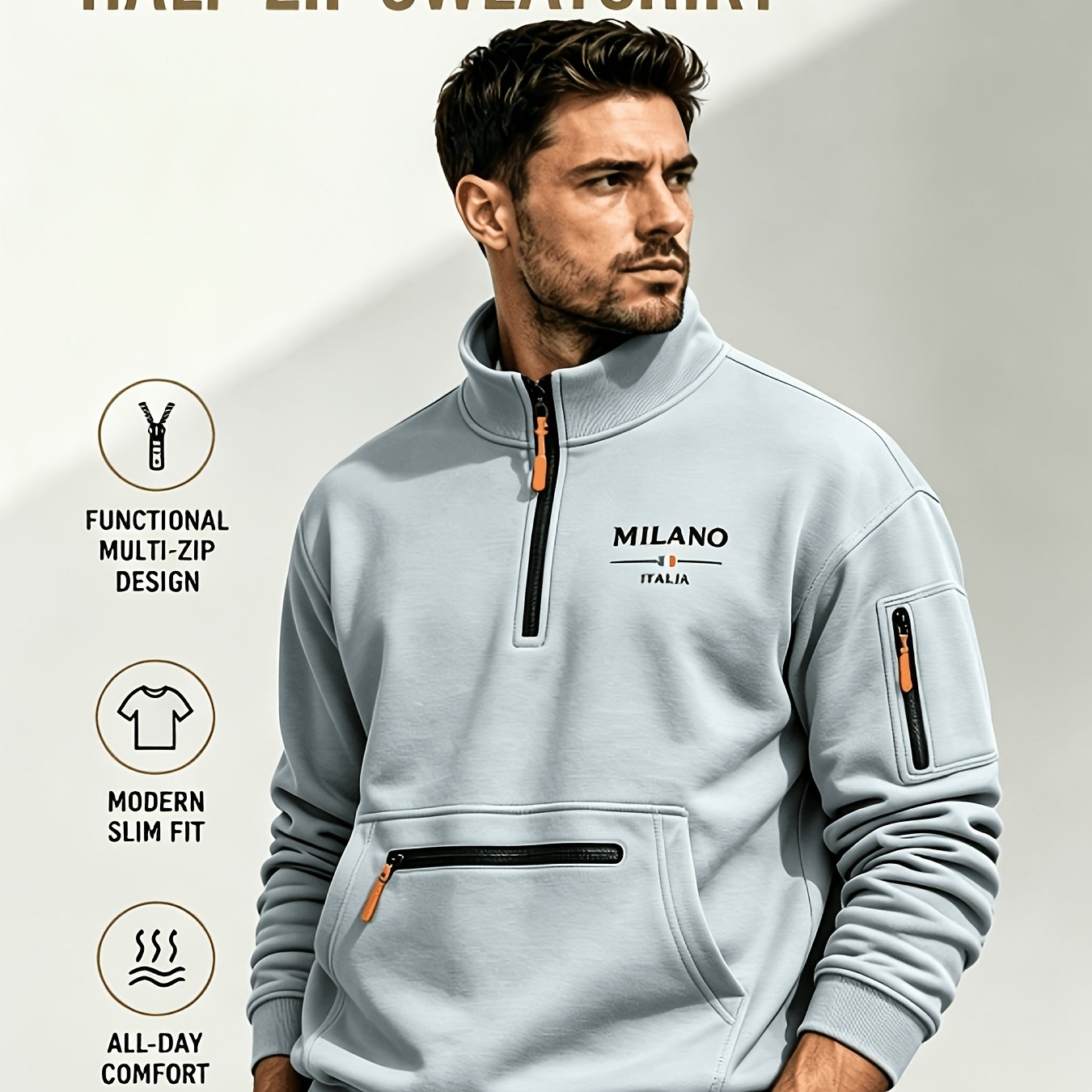 TEMU Men's Half-zip Stand Collar Sweatshirt, Black Print Multi-pocket Casual Pullover, Outdoor Casual Men's Stand Collar Sweatshirt