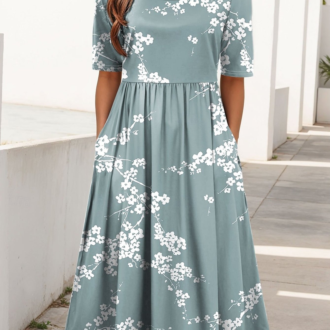 Plus Size, Spring/summer Plus Size Women' Print Midi Dress| Short Sleeve Pleated Waist Dress With Pockets| Party Vacation Regular Dress| Vestidos Elegantes Para Mujeres| Plus Size Women Clothes