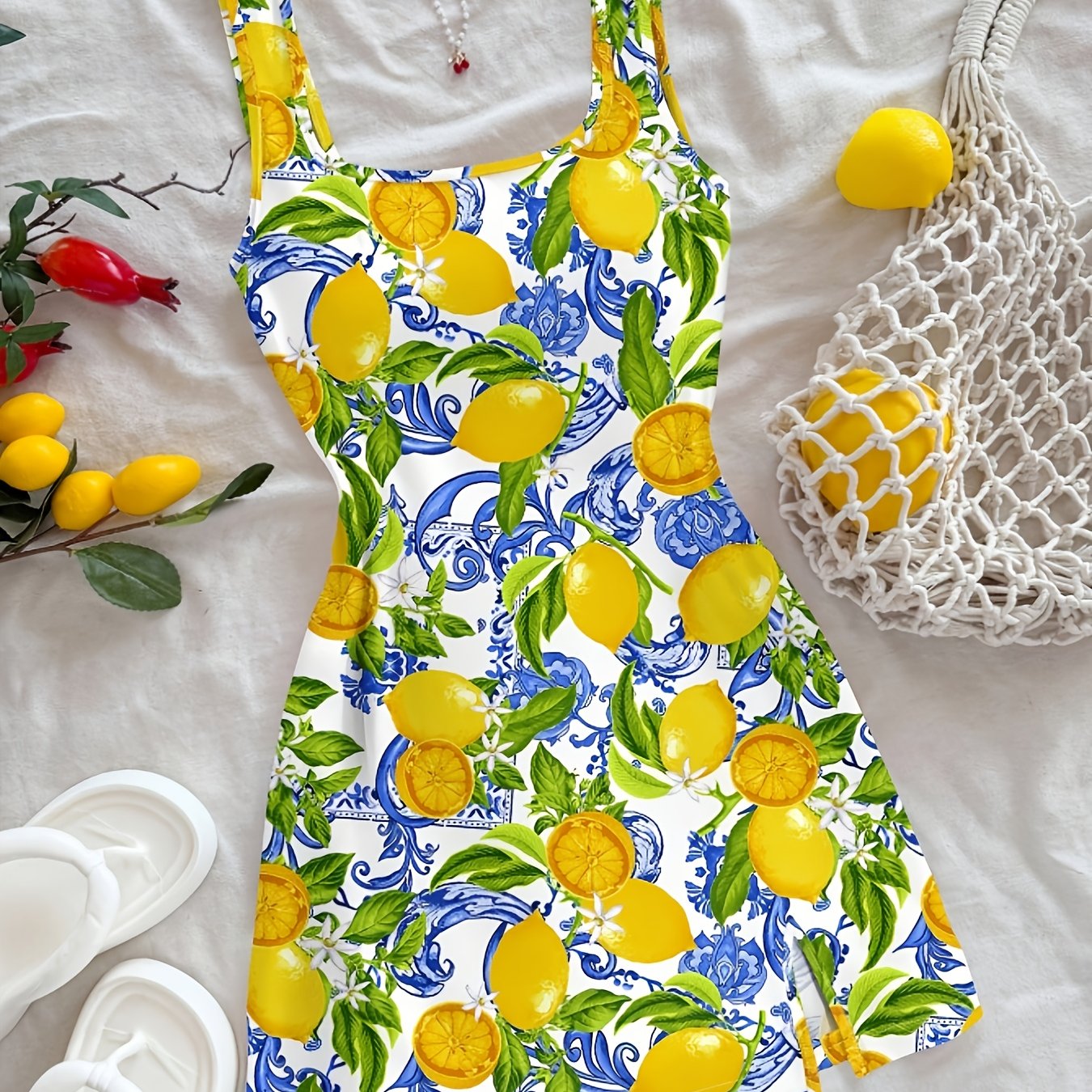 TEMU Women's Fashionable, Elegant, Sexy, Casual Lemon Print Dress
