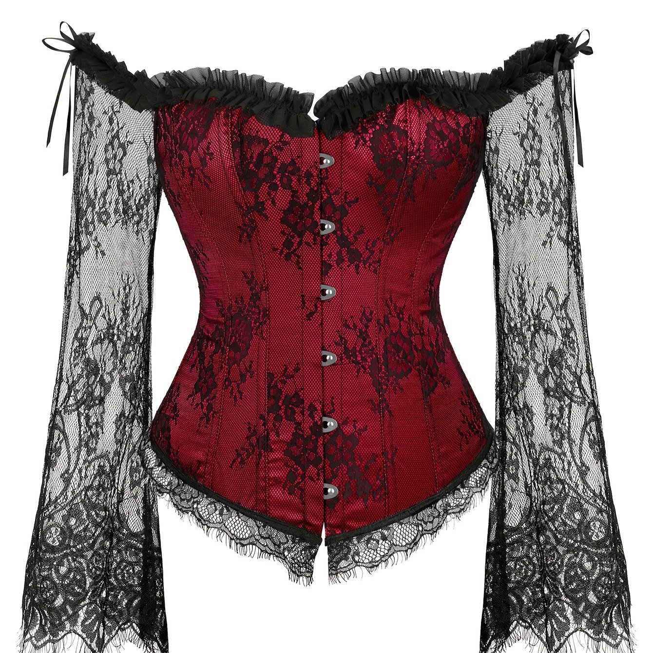 TEMU 8125 Plus-size Women's Overbust Corset Bodice - Lace-up Bustier With Tummy Control Shapewear, Lace Sleeves & Adjustable Lacing, Bust Enhancing