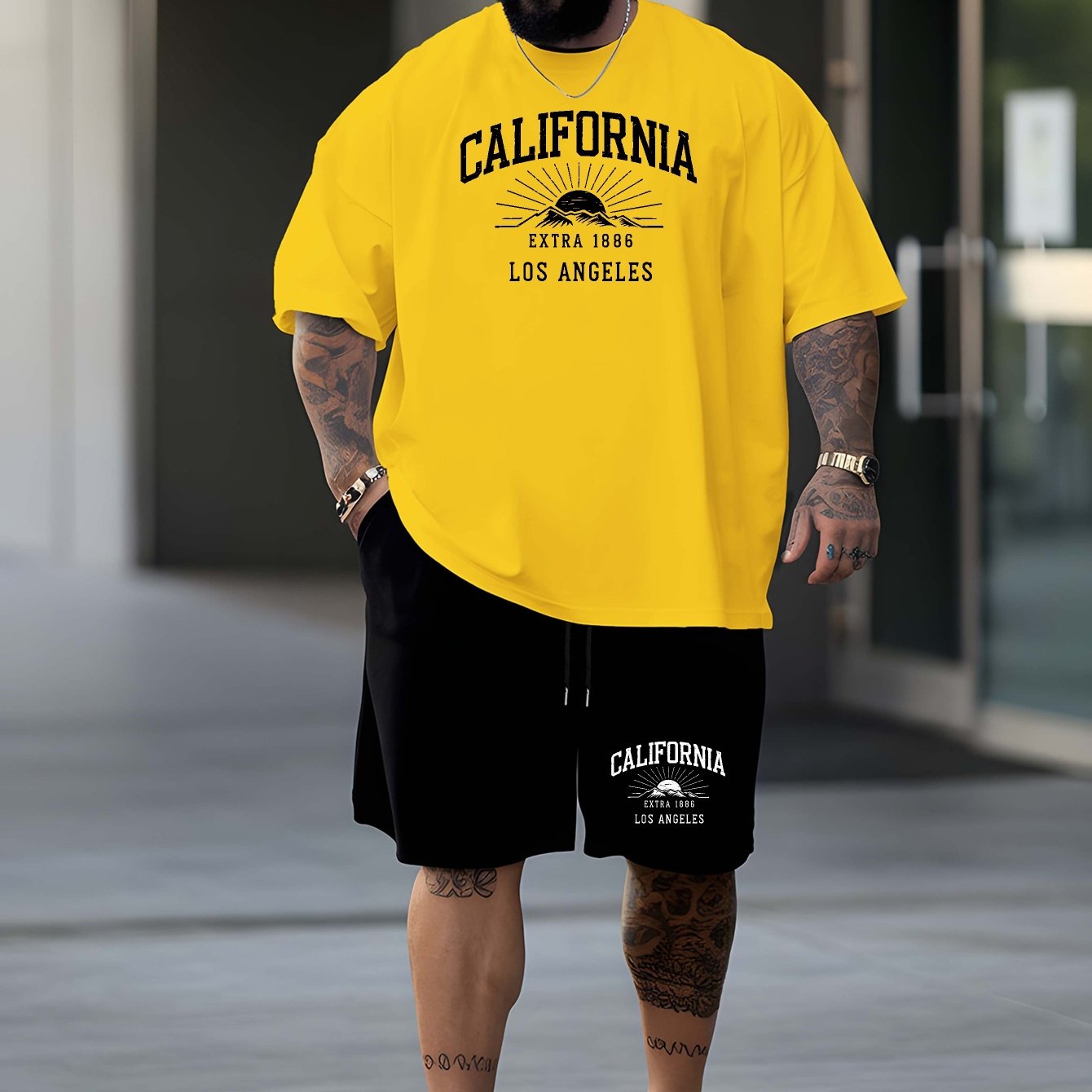 TEMU California Extra 1886 Los Angeles 2025 Men's Latest Trend Large Size Short-sleeved Shorts Suit Summer Fashion Print European And American Men's