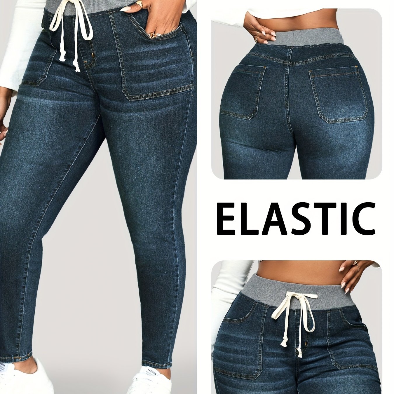 Image of Casual Fashion Skinny Stretch Wide Ribbed Waistband Jeans