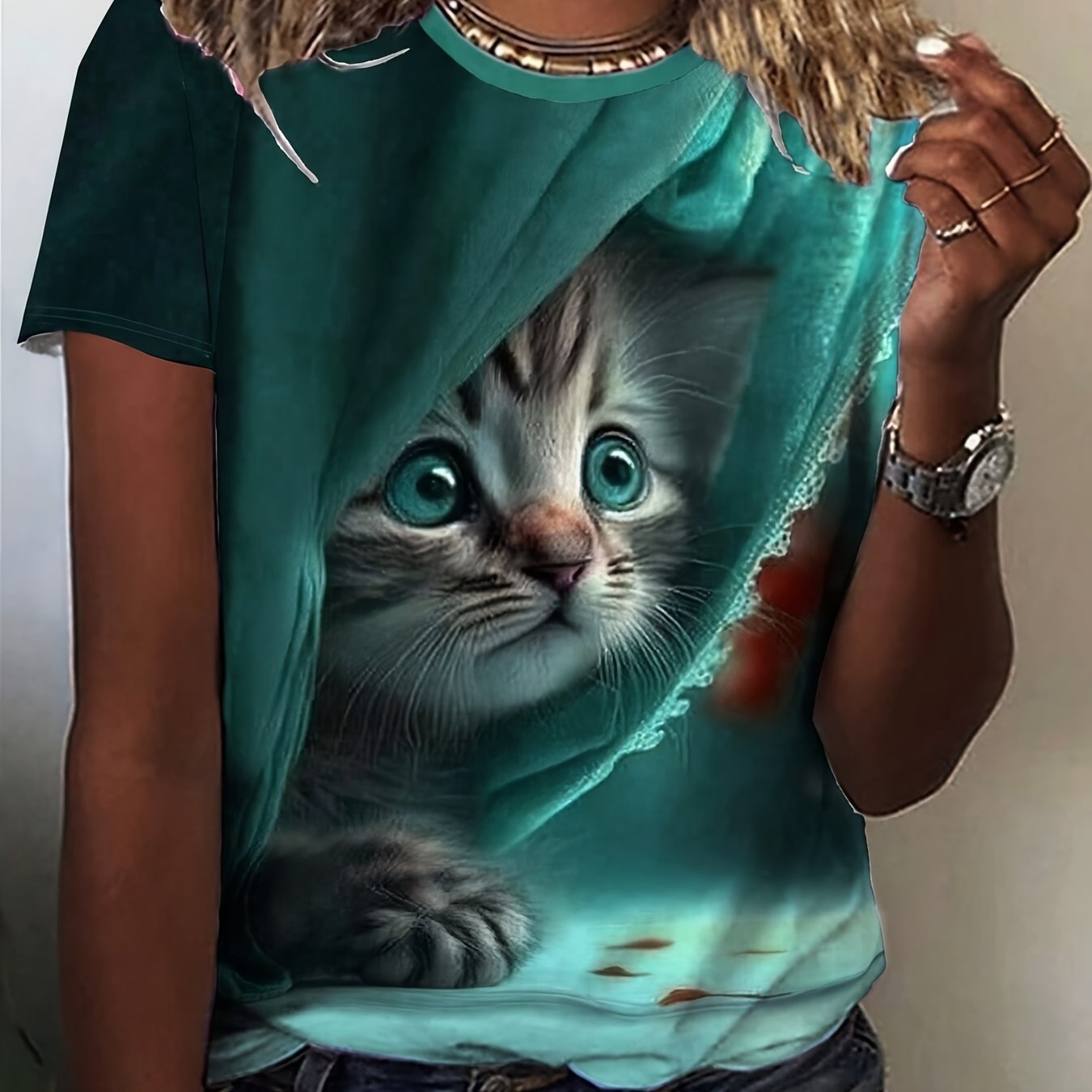 TEMU Women's Casual Short Sleeve T-shirt With Cute Kitten Peeking Through Curtains Graphic - Teal Animal Print, Medium Stretch, Machine Washable, , Cat Tshirt