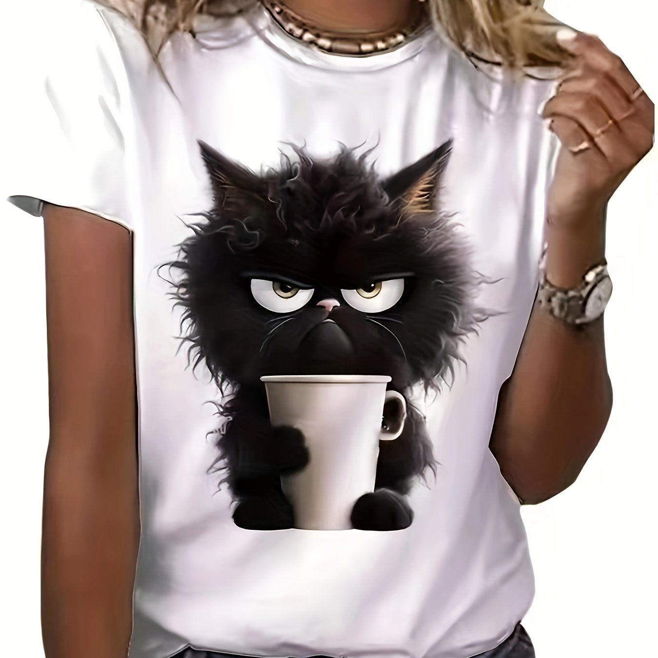 E-shop Interessantes weißes T-Shirt mit Katzenmotiv, lässiges Kurzarm-Oberteil mit Rundhalsausschnitt, sommerliche Damen-Bekleidung mit Tiermotiven