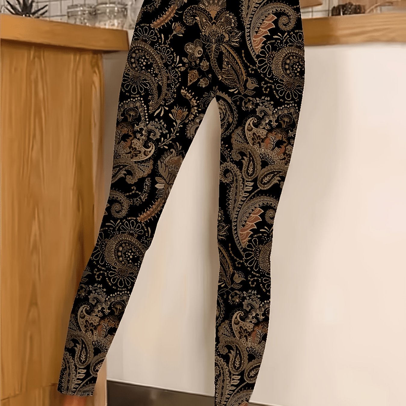 TEMU Women's Fashion Paisley Pattern High-waist -lifting Capri Leggings, Comfortable Design, Suitable For Casual And Formal Wear, Versatile Style, A