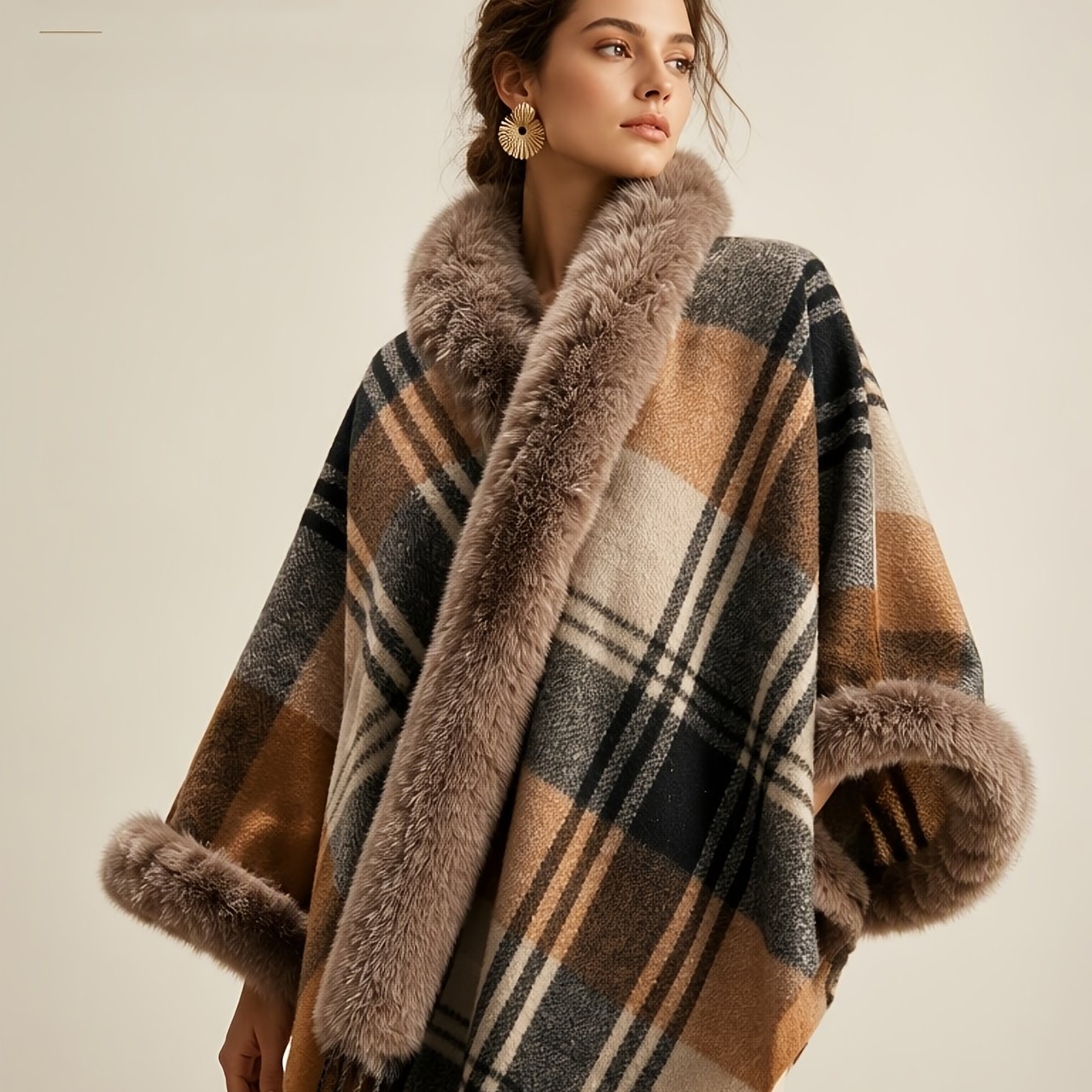 TEMU Women's Brown Shawl Wrap, Trim Poncho Cape With Fringe, Warm Rustic Boho Winter Layer For Thanksgiving, Christmas Parties, Outdoor Gatherings,