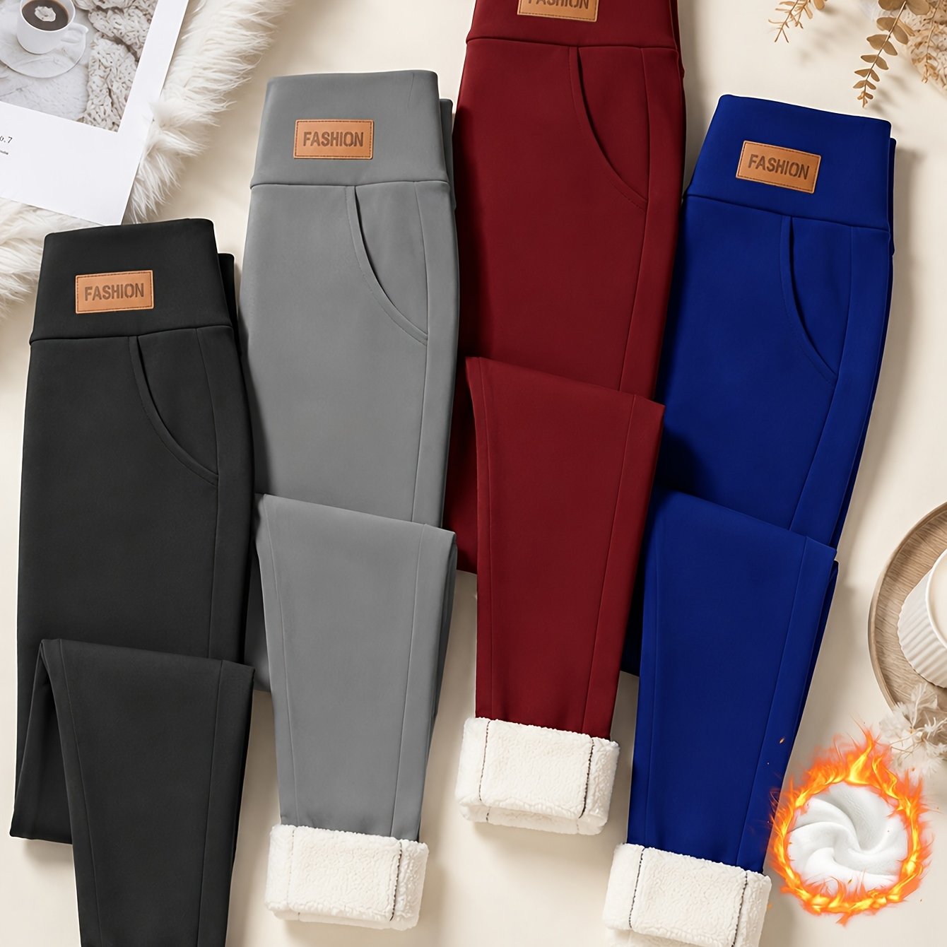TEMU 4pcs Women Solid Color High Waist Thick Leggings, Autumn Winter Cold Resistant Thermal Pants, Stretch Slim Sports Yoga Pants, -friendly Elastic