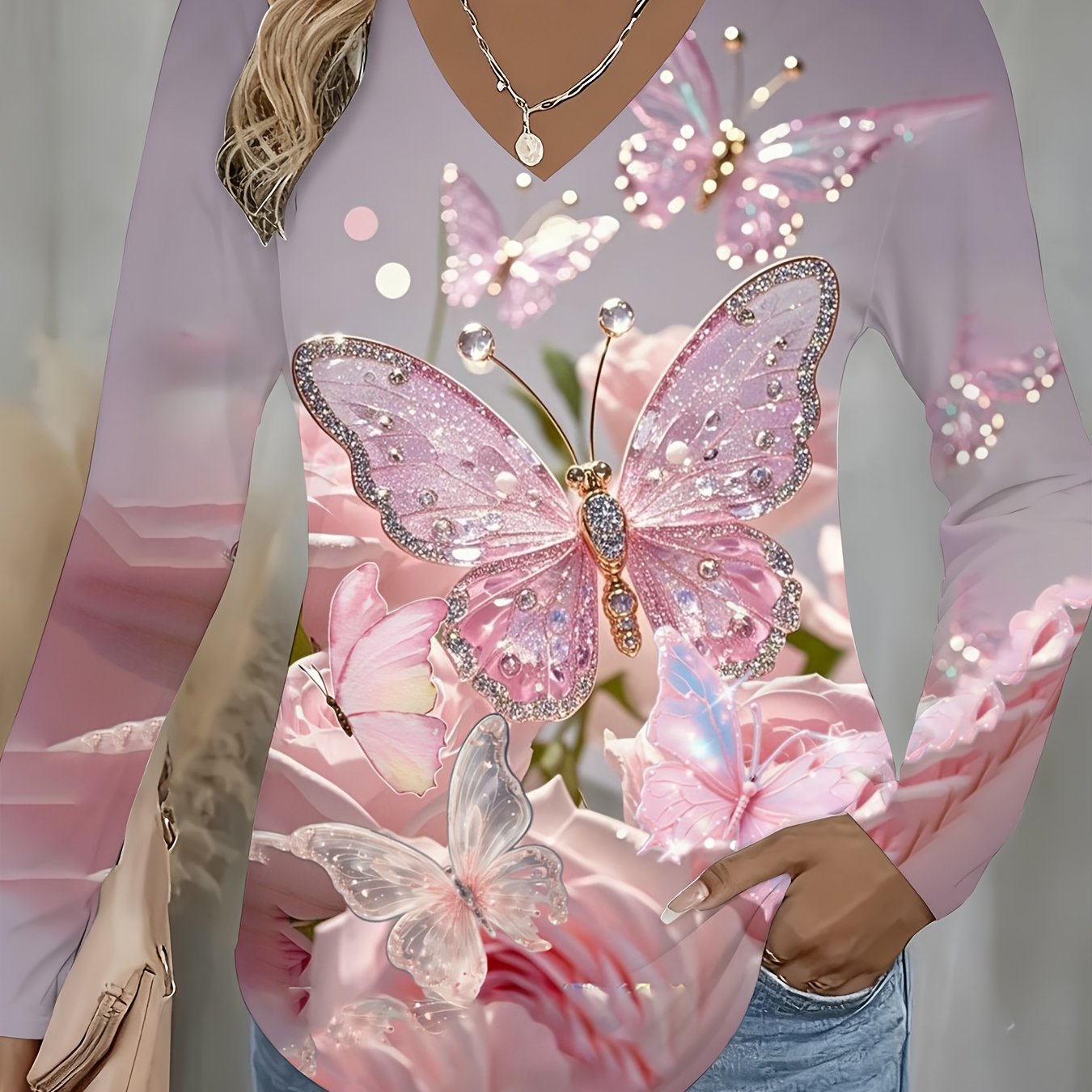 TEMU Full Print Neck Pink Pattern Long Sleeve T-shirt| Rose Crystal Decoration, Fun Printed Design, Suitable For Autumn, Parties, Birthdays,