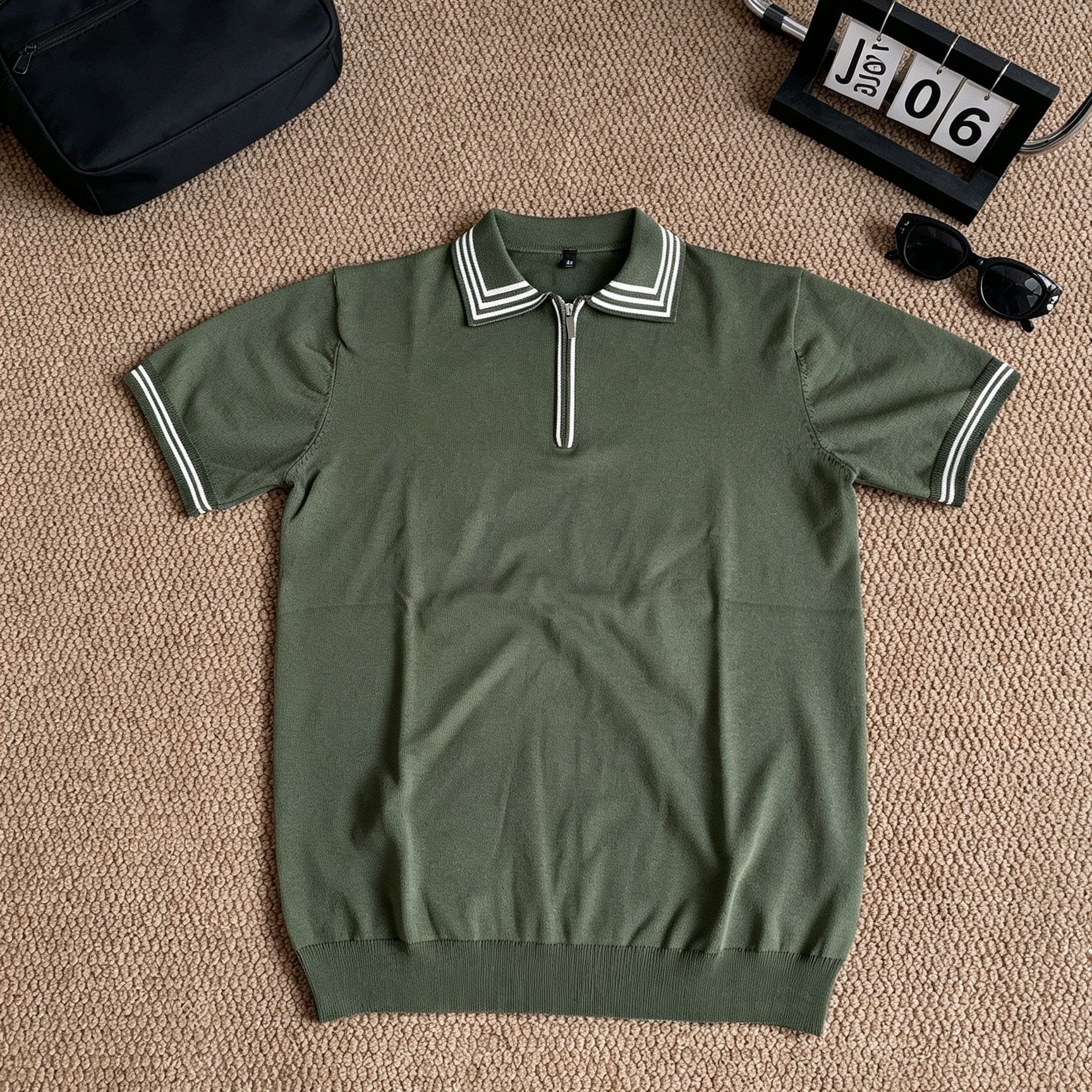 TEMU Men's Luxury Fine Knit Quarter Zip Shirt, Striped Rib Collar Cuff, Slim Fit Soft Knitted Short Sleeve Top, Premium Casual Summer Tee