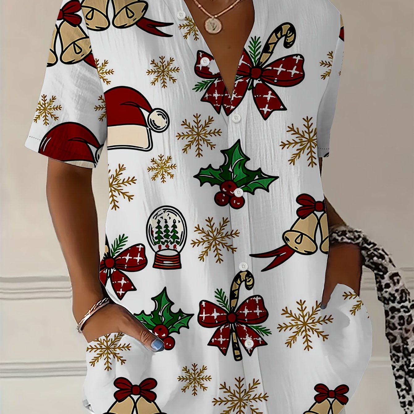 TEMU Women's Comfortable Loose-fit Printed Elegant Casual Fashion Short-sleeve Blouse With Christmas Bells And Snowflake Pattern, Versatile Daily