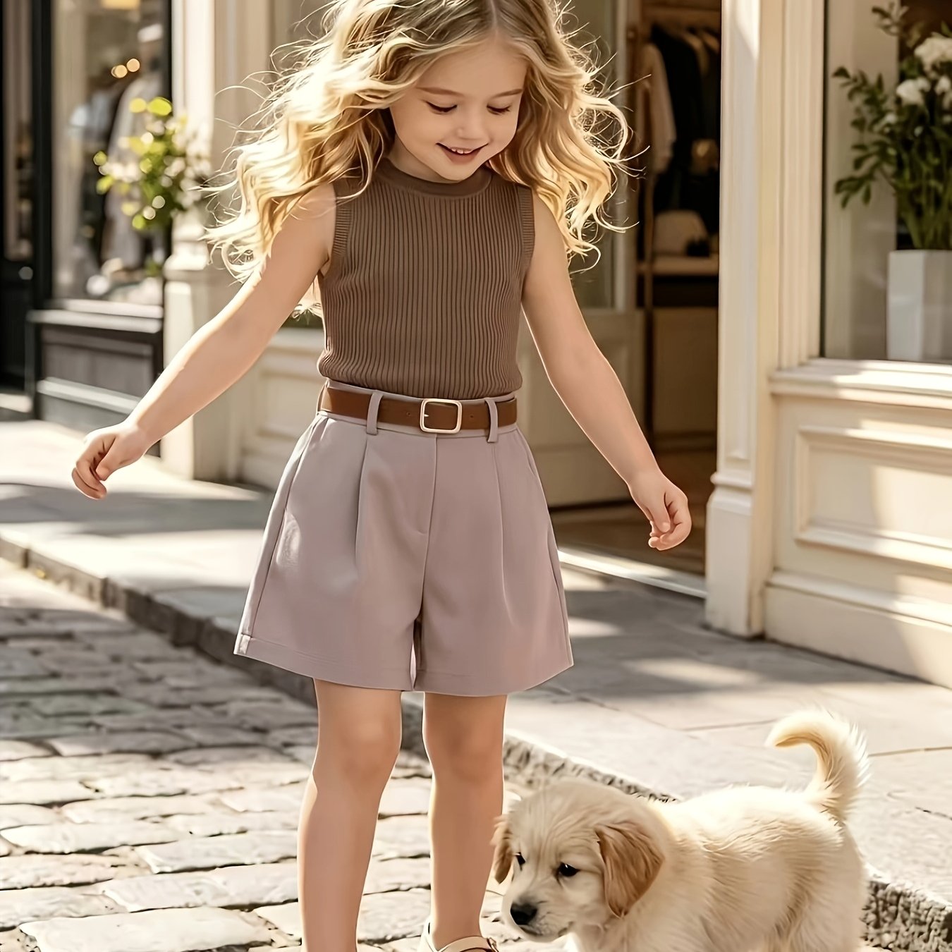 Image of 2pcs Girls' Sweet Cool Commuting Set Mocha Ribbed Sleeveless Vest + Khaki High-waisted Wide-leg Shorts With Belt Summer Two-piece Set Suitable For Holiday Gifts, Spring, For Outdoor, For Teenager
