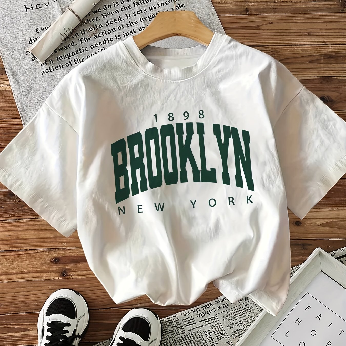 TEMU Women&;s Brooklyn 1898 Graphic T-shirt - White With Print, Short Sleeve Crew Neck Casual Top, Relaxed Fit, Machine Washable, , Everyday Clothing, Smooth Texture Fabric