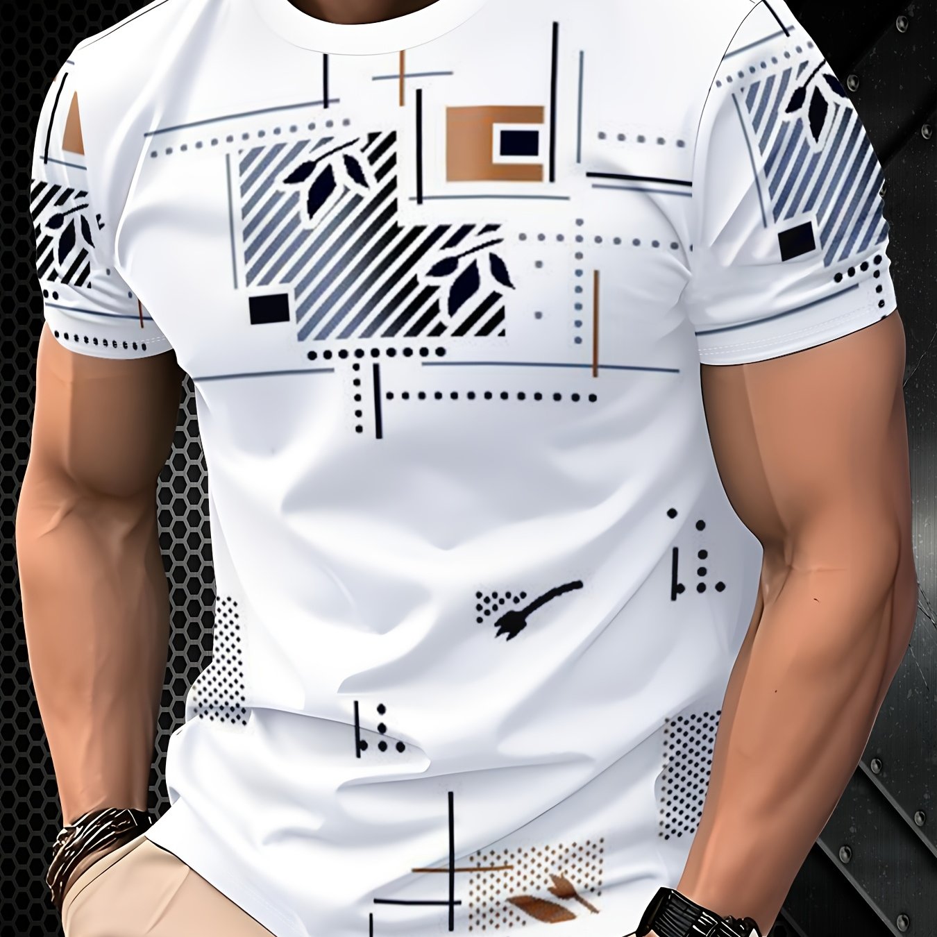 TEMU Men's Quick-dry Polyester Athletic T-shirt, Breathable Top, Home Casual Commute Wear With Printed Design