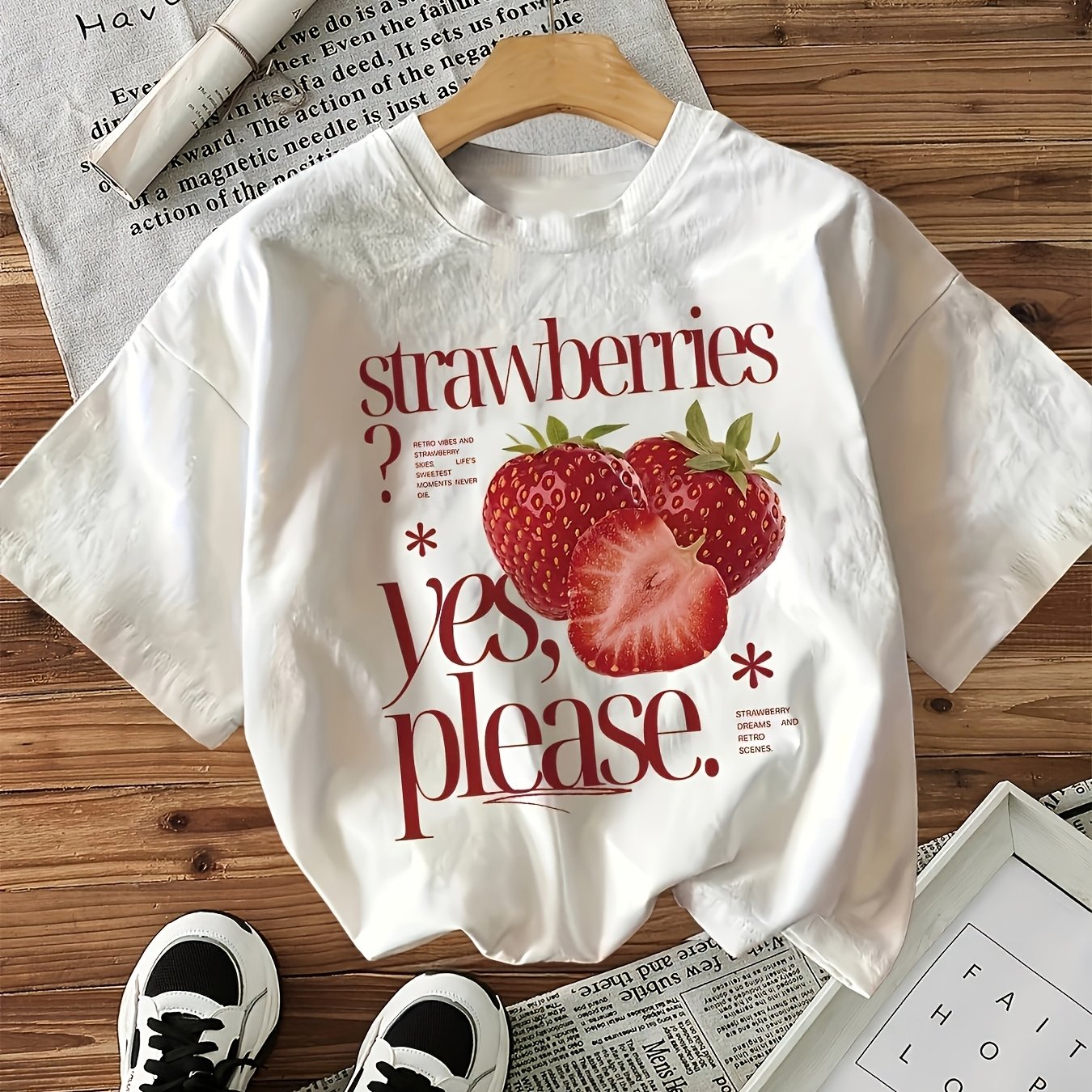 Women's Casual Sporty Round Neck Short Sleeve T-shirt With Front Strawberry Print For Spring/summer