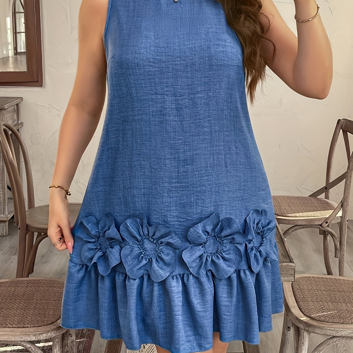 Image of Elegant Lavender Sleeveless Tunic Dress With Ruffle Detail - Crew Neck, Solid Color, Lightweight For Women, Perfect For Summer Fashion, Casual | Ruffle Hem Dress | Lightweight Dress