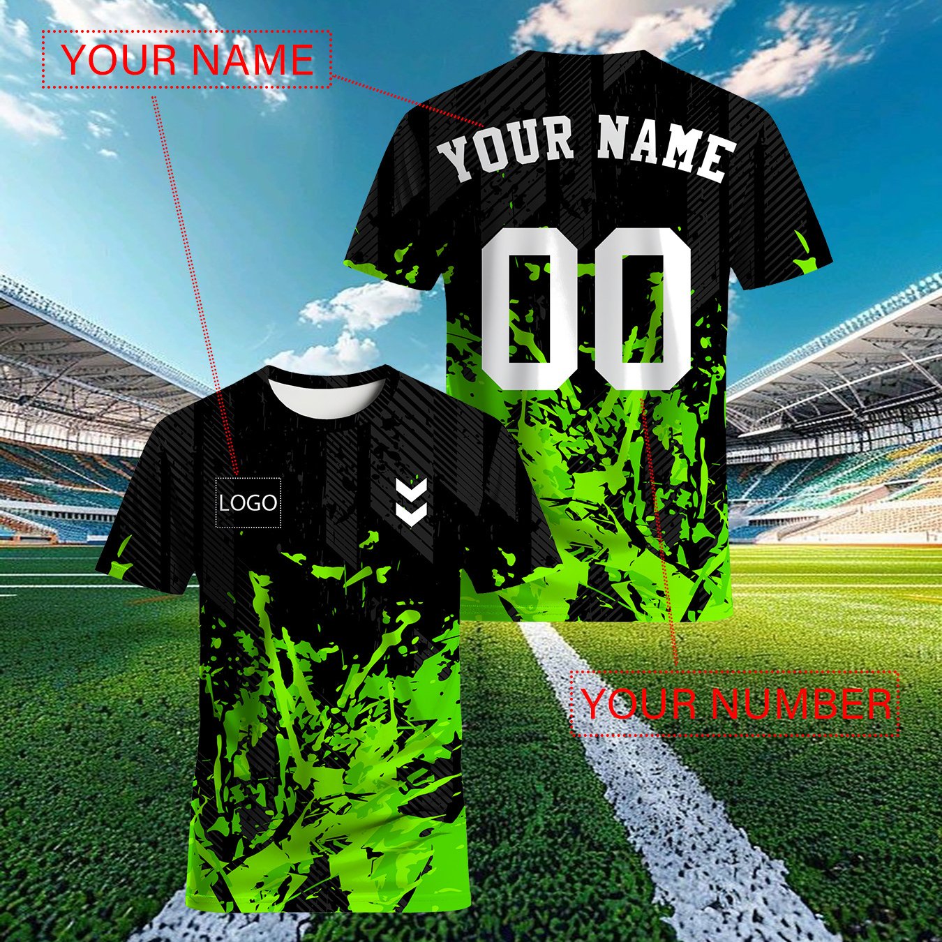 TEMU Men's 3d Print Soccer Jersey Custom Name And Number - Personalized Football Shirt, Breathable Mesh Back, Neon Green/black/gray Design, Machine